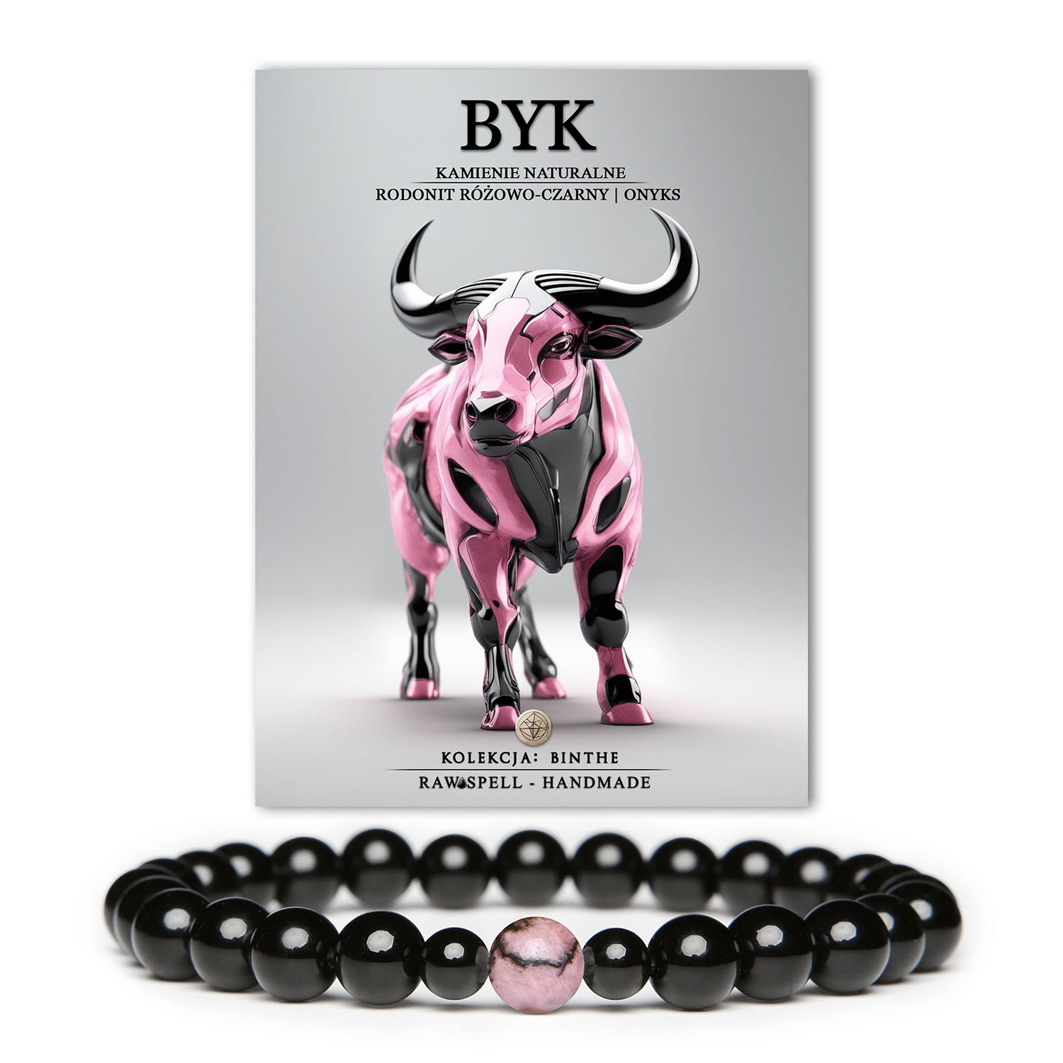 Stylowa bransoletka z kolekcji Binthe dla znaku Byka, z eleganckimi kamieniami rodonitu oraz onyksu, idealna dla kobiet i mężczyzn.