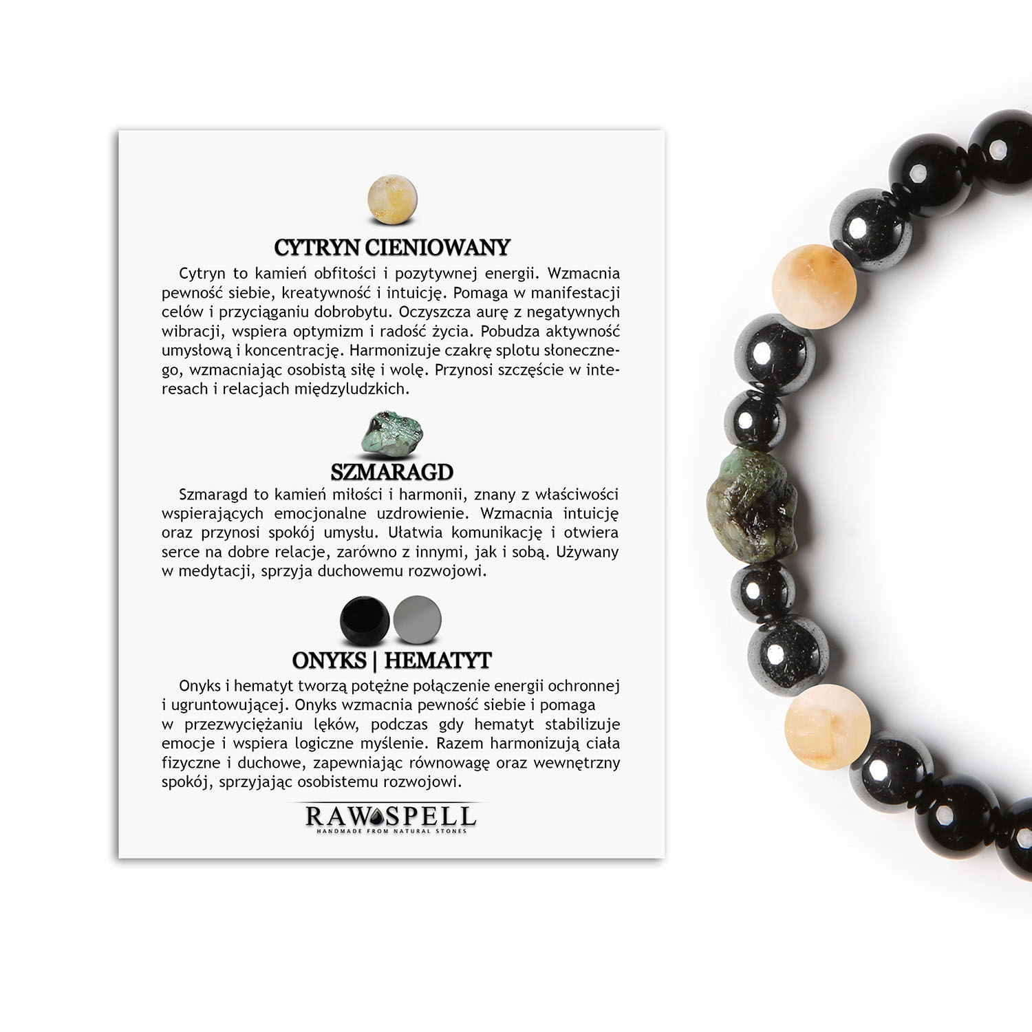 Odkryj bransoletki Elai Cytryn Cieniowany, Szmaragd, Onyks, Hematyt Grafitowy. Styl dla każdego Bransoletka Elai w kolorach cytrynowego cienia, szmaragdu oraz onyksu, w połączeniu z hematytem grafitowym – doskonały dodatek dla każdego.