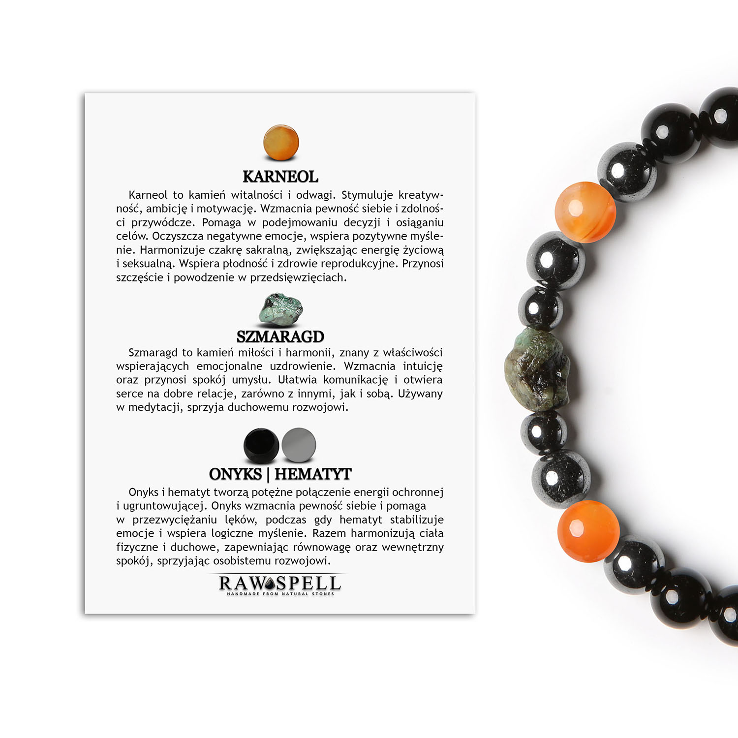 Odkryj bransoletki Elai karneol, szmaragd, onyks i hematyt grafitowy - idealne dla kobiet i mężczyzn Modna bransoletka Elai z zastosowaniem kamieni szlachetnych: karneolu, szmaragdu, onyksu oraz hematytu grafitowego, dla kobiet i mężczyzn.