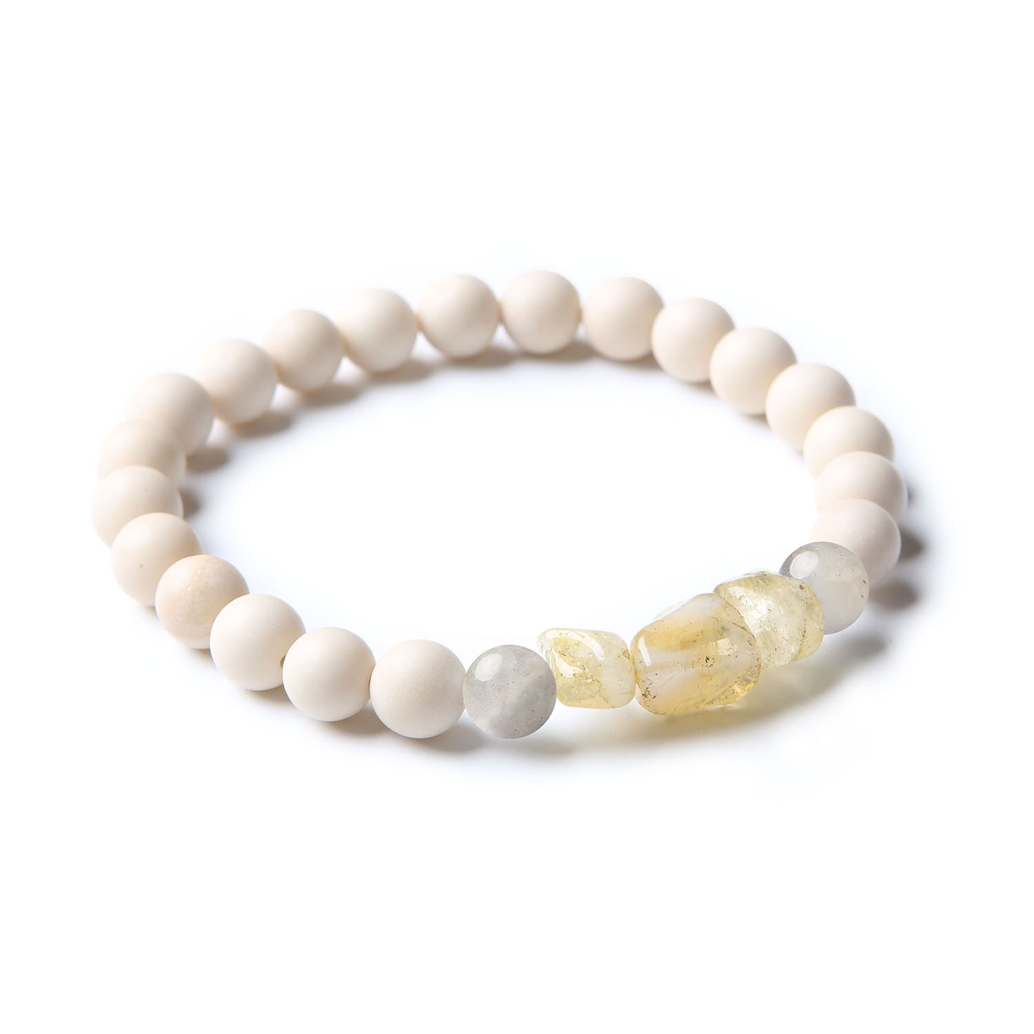 Stylowa bransoletka Cymiri z naturalnych kamieni labradorytu, cytrynu i kamienia rzecznego, idealna dla osób poszukujących unikalnej biżuterii.
