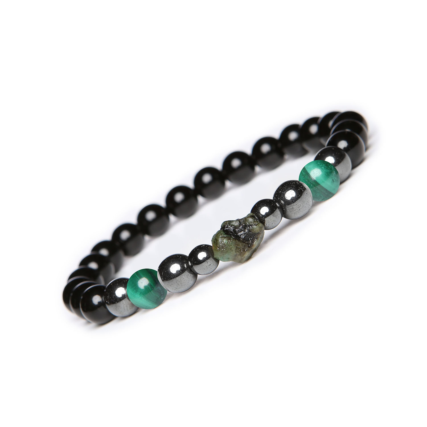Odkryj wyjątkową bransoletkę Elai malachit, szmaragd, onyks i hematyt grafitowy dla kobiet i mężczyzn Elegancka bransoletka Elai z malachitem, szmaragdem, onyksami i hematytem grafitowym, idealna dla kobiet i mężczyzn.