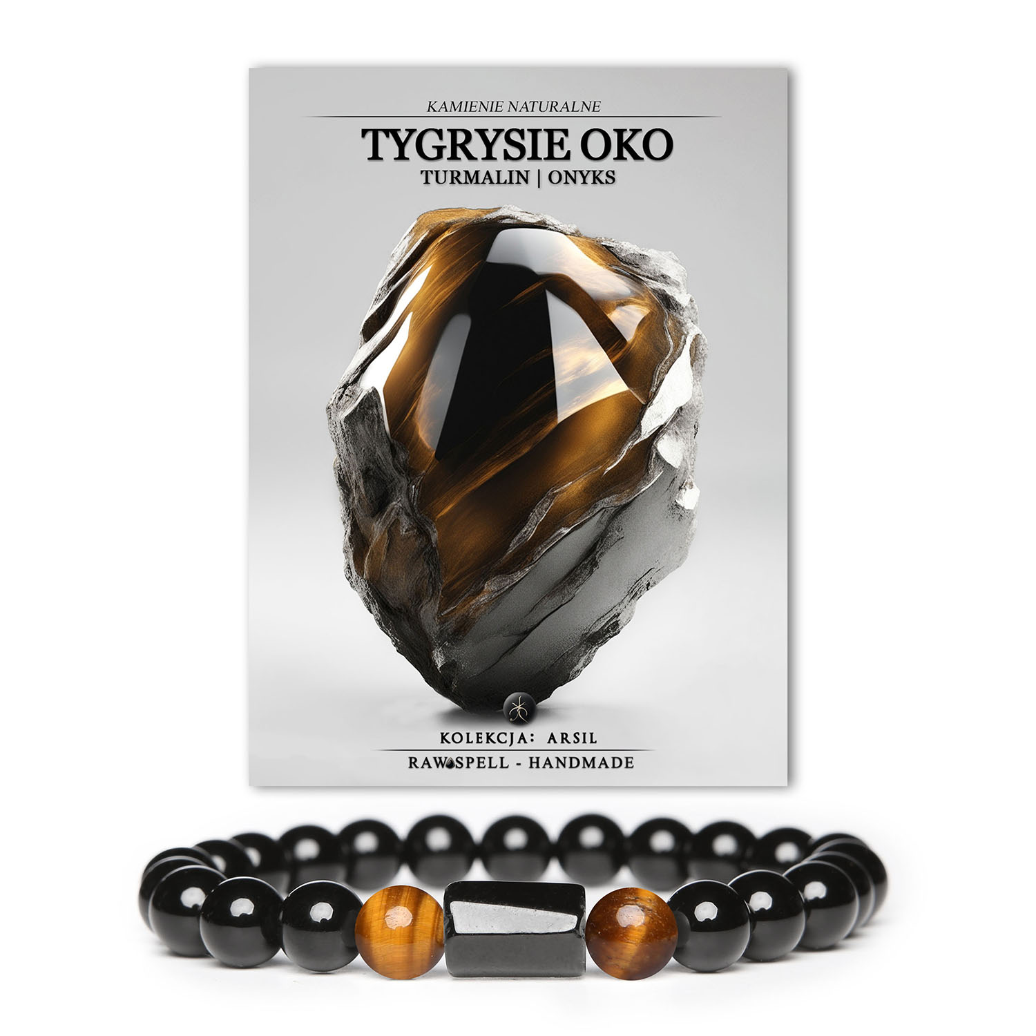 Stylowa bransoletka z tygrysim okiem, które przyciąga uwagę, turmalinem dodającym energii oraz onyksem w roli eleganckiego akcentu – idealny wybór dla wielbicieli unikalnego stylu.