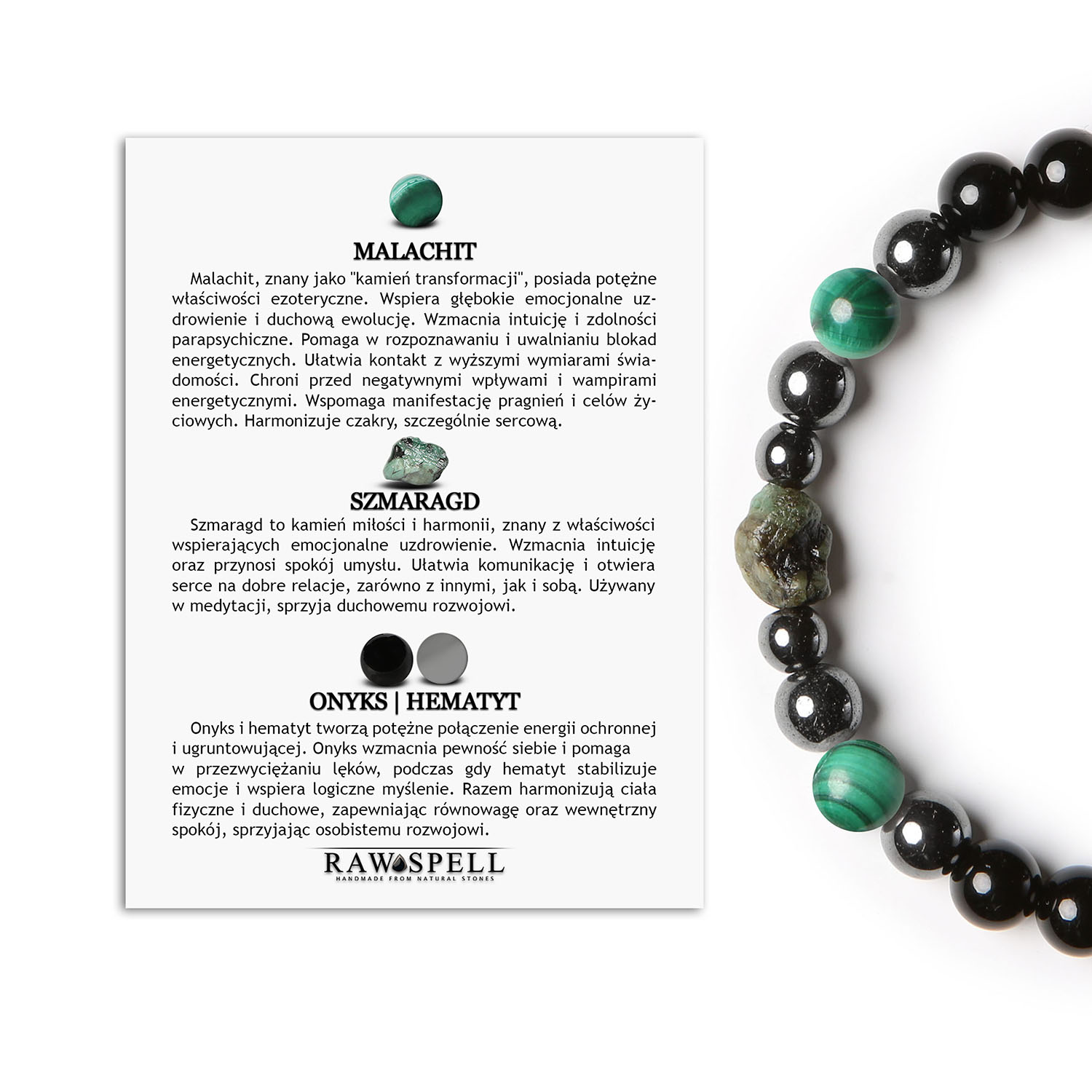 Ręcznie robiona bransoletka Elai z malachitu, szmaragdu, onyksu i hematytu – idealna dla niej i dla niego Bransoletka z kolekcji Elai, wykonana z malachitu, szmaragdu, onyksu i hematytu grafitowego, dostępna w wariantach damskim i męskim.