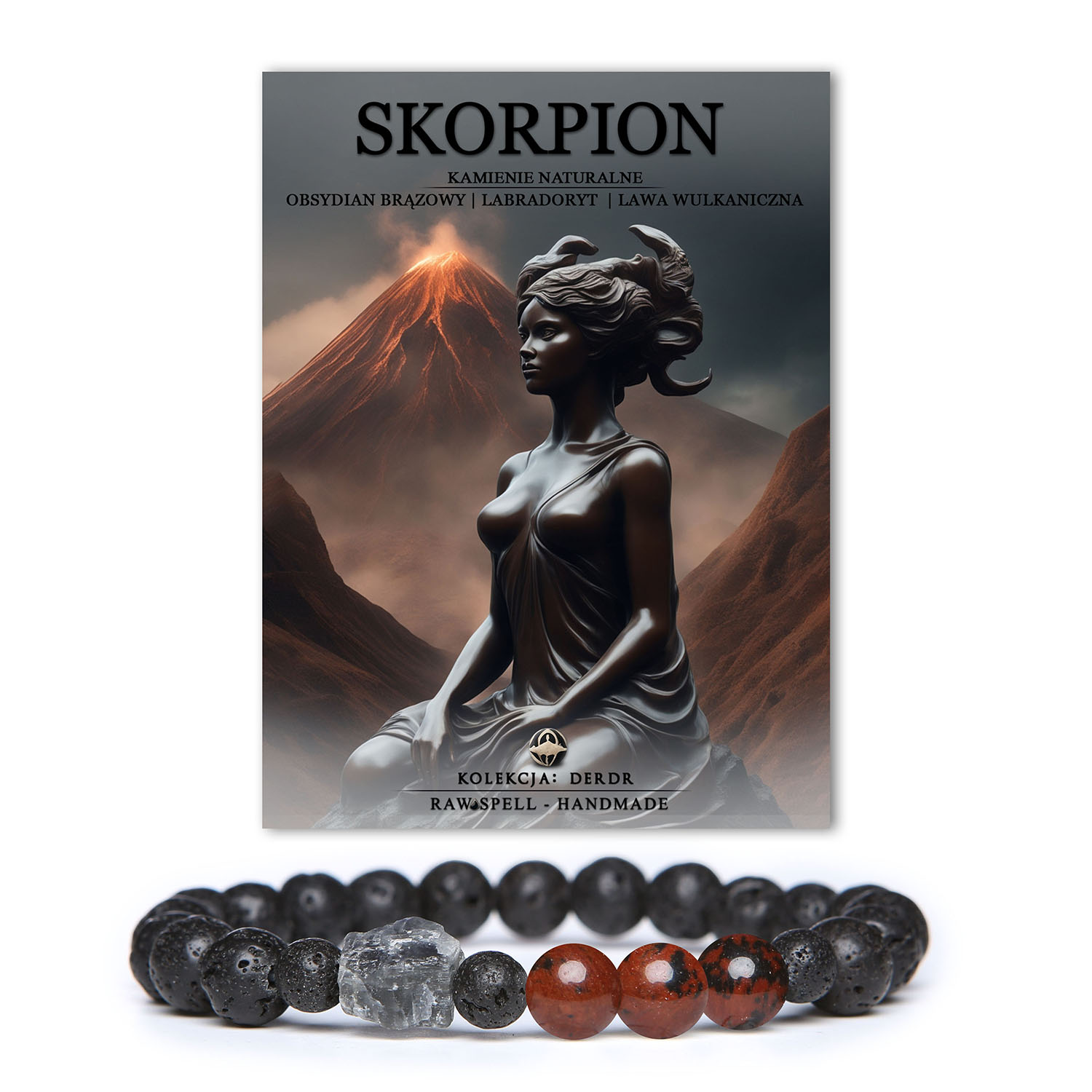 Elegancka bransoletka Derdr, wykonana z obsydianu brązowego, labradorytu i lawy wulkanicznej, idealna dla miłośników znaku Skorpiona.