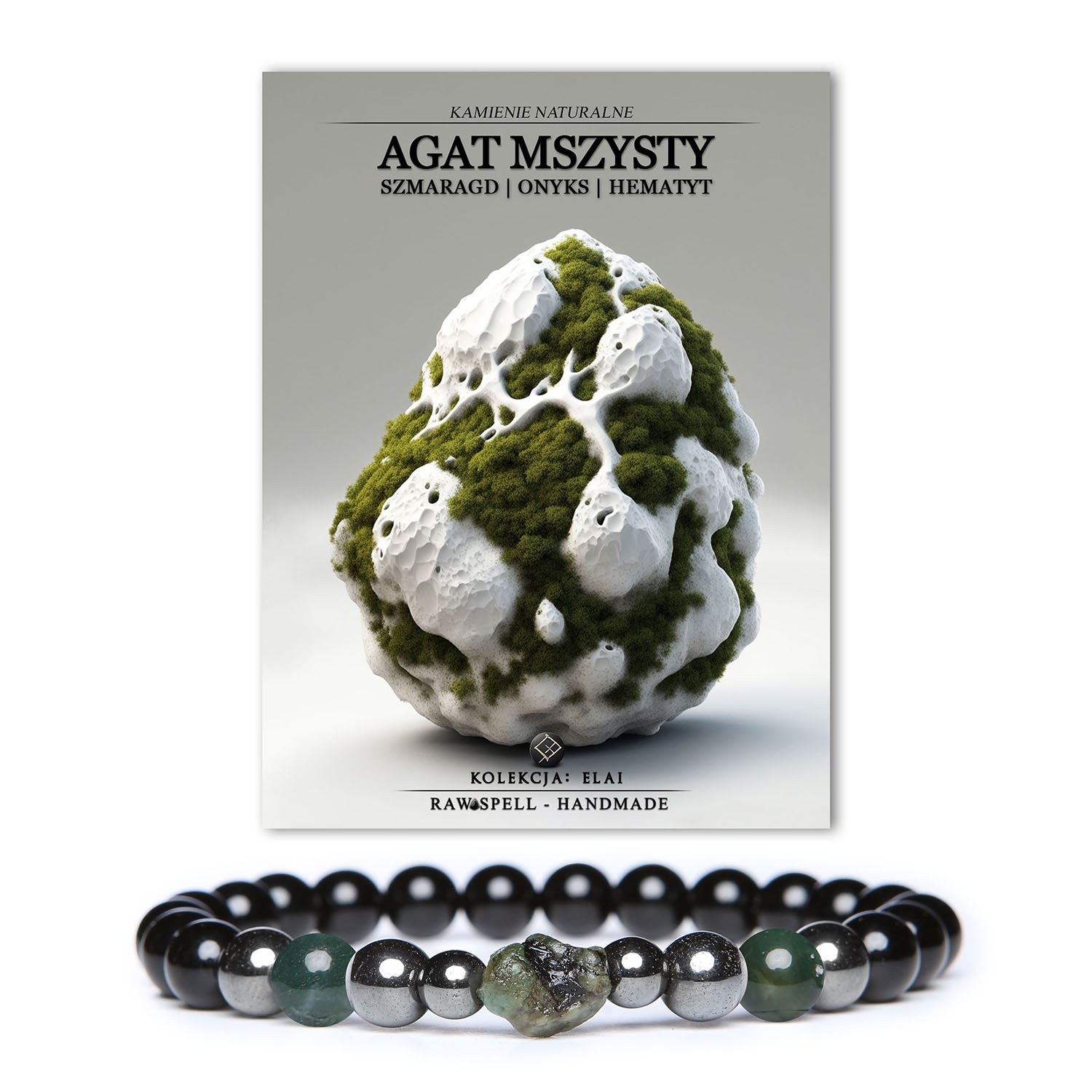 Elegancka bransoletka Elai z agatem mszystym, szmaragdem, onyksem i hematytem grafitowym - idealna na każdą okazję.