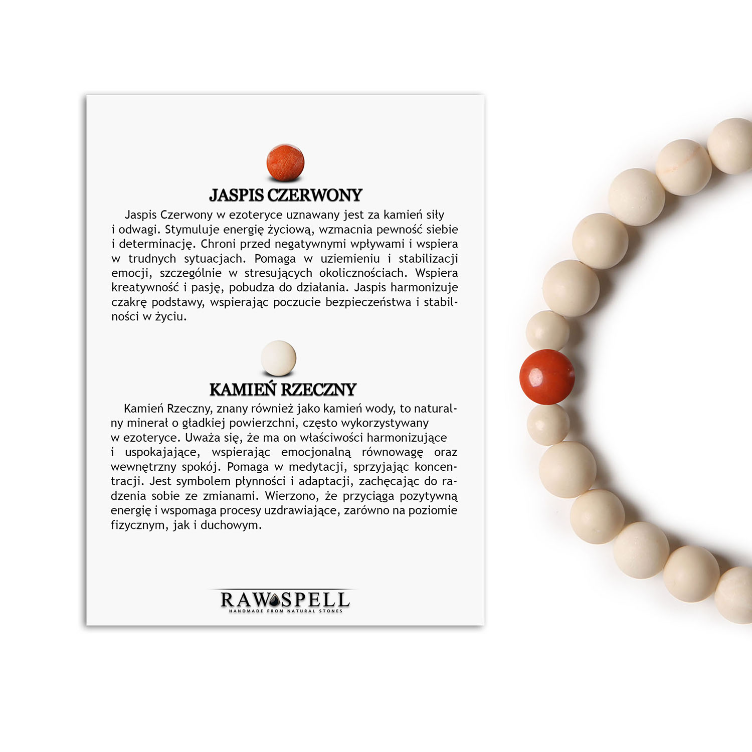 Stylowa Bransoletka Binthe Jaspis Czerwony i Kamień Rzeczny Damski i Męski Design Bransoletka damska i męska z kolekcji Binthe, wykonana z naturalnych kamieni: jaspisu czerwonego oraz kamienia rzecznego.