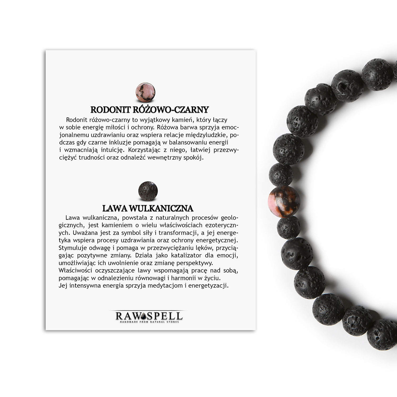 Stylowa Bransoletka Binthe Rodonit Różowo-Czarny i Lawa Wulkaniczna dla Niej i Nich Stylowa bransoletka z kolekcji Binthe, z rodonitu w kolorze różowo-czarnym oraz lawy wulkanicznej, odpowiednia dla kobiet i mężczyzn.