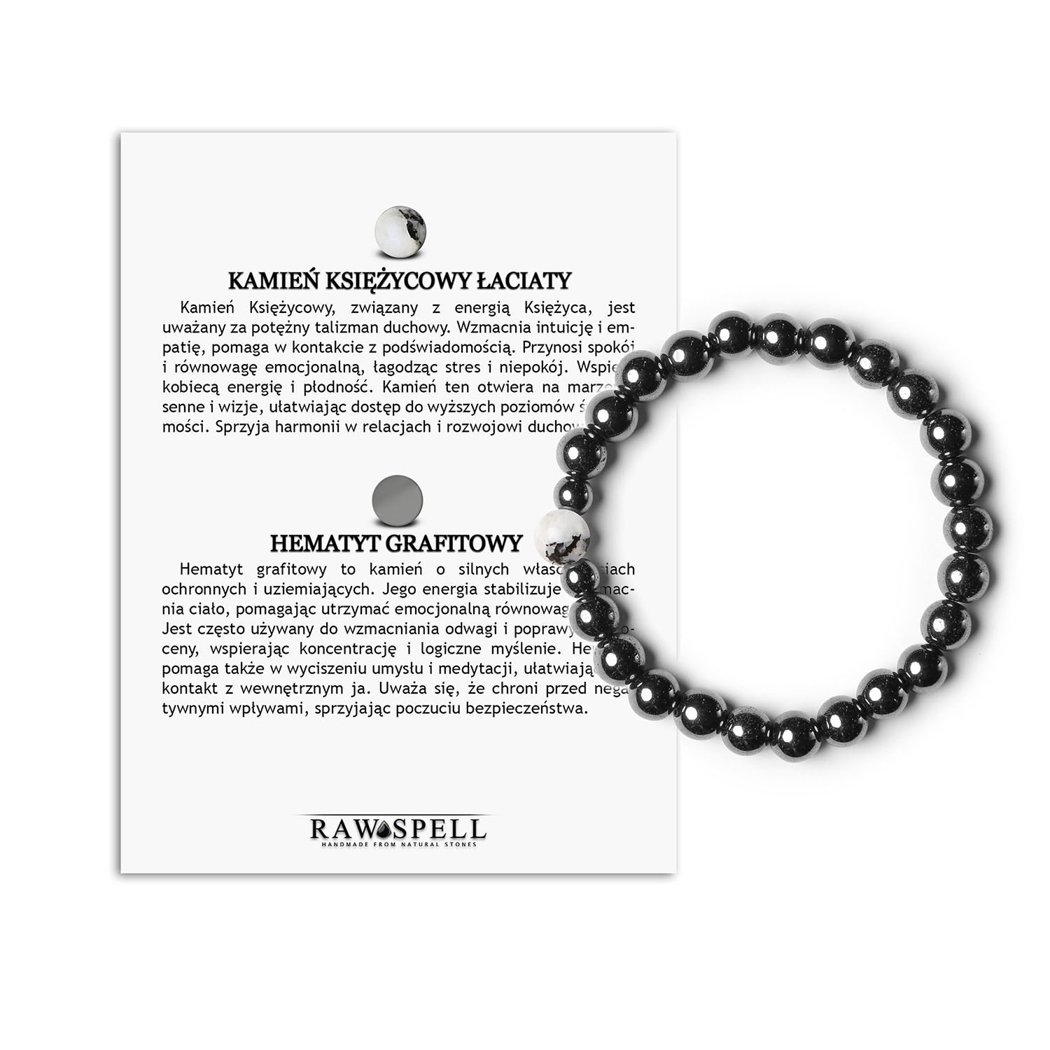 Stylowa Bransoletka Binthe z Kamieniem Księżycowym i Hematytem - Doskonały Wybór dla Kobiet i Mężczyzn Bransoletka Binthe z kolekcji z łaciatym hematytem i kamieniem księżycowym, perfekcyjna dla osób ceniących biżuterię z naturalnych kamieni.