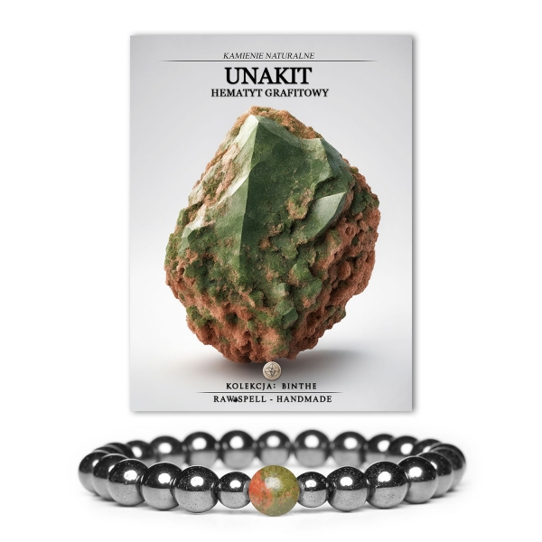 Bransoletka Binthe z unakitem i hematytem grafitowym, wykonana z naturalnych kamieni, idealna dla kobiet i mężczyzn.