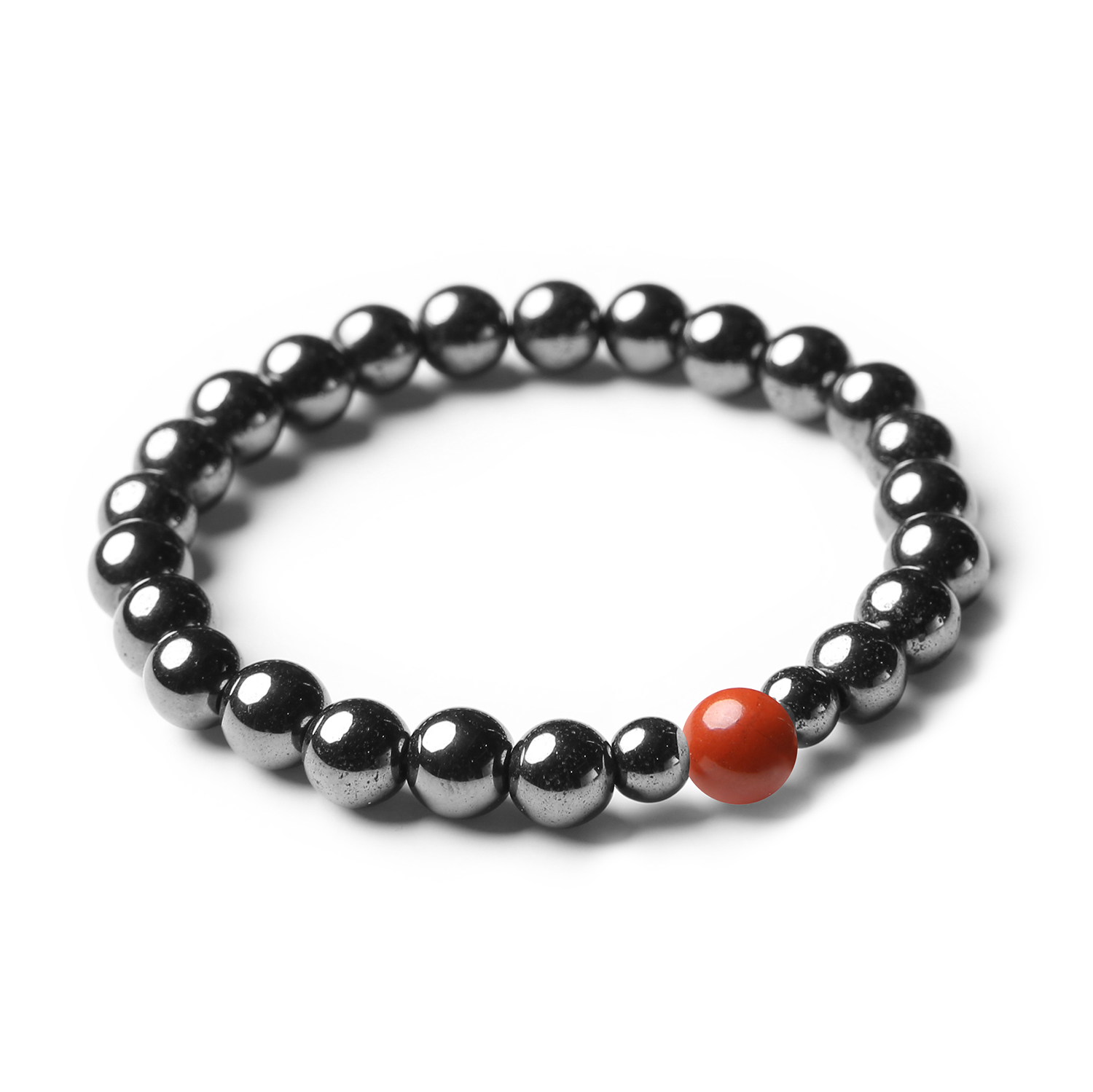 Bransoletka Binthe z pięknych kamieni naturalnych: czerwonego jaspisu i grafitowego hematytu.