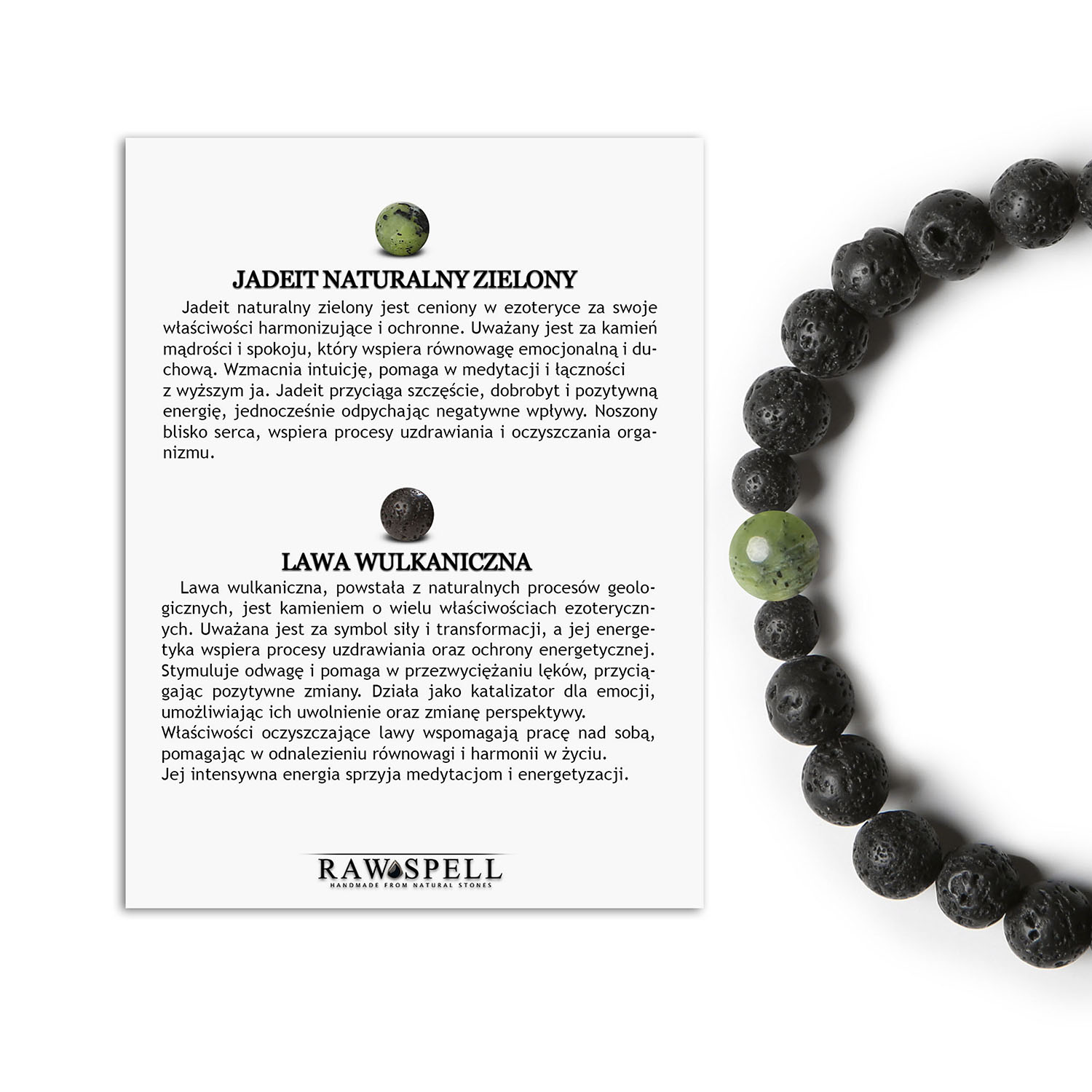 Stylowa bransoletka Binthe - Jadeit Zielony i Lawa Wulkaniczna, idealna zarówno dla pań, jak i panów Bransoletka męska i damska z kolekcji Binthe, wykonana z zielonego jadeitu i lawy wulkanicznej.