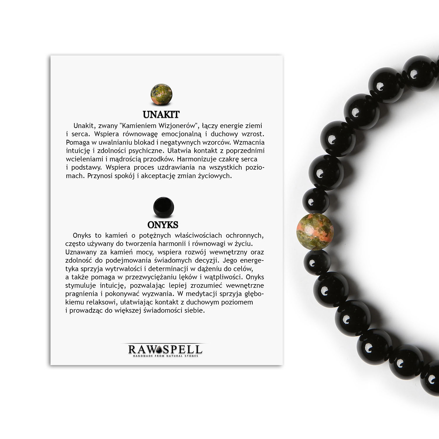 Stylowa bransoletka Binthe Unakit i Onyks Doskonały wybór dla kobiet i mężczyzn Świeżość i wyjątkowość w jednym Bransoletka z kolekcji Binthe z unakitem i onyksem, dostępna w wersji damskiej i męskiej.