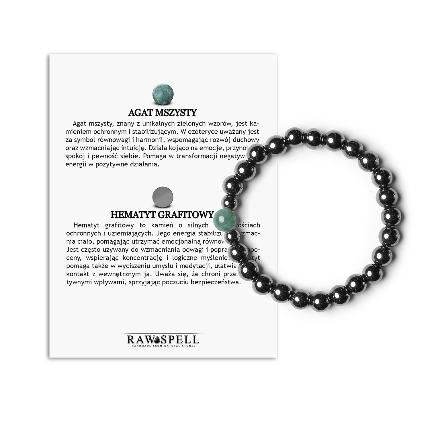 Stylowa bransoletka Binthe z Agatem Mszystym i Hematytem Grafitowym Biżuteria z naturalnych kamieni dla par Elegancka bransoletka z kolekcji Binthe, łącząca agat mszysty z hematytem grafitowym, idealna dla obu płci.