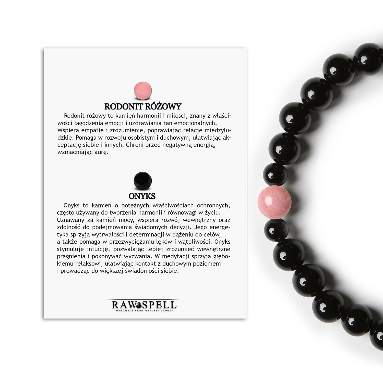 Stylowa bransoletka Binthe z Rodonitem Różowym oraz Onyksiem - doskonała dla mężczyzn i kobiet Bransoletka z kolekcji Binthe wykonana z różowego rodonitu i onyksu, dostępna w wersji damskiej i męskiej.