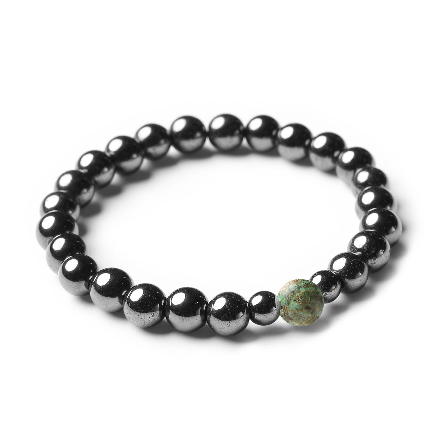 Bransoletka z kolekcji Binthe z turkusu afrykańskiego i grafitowego hematytu, wykonana z naturalnych kamieni w wersji damskiej i męskiej.