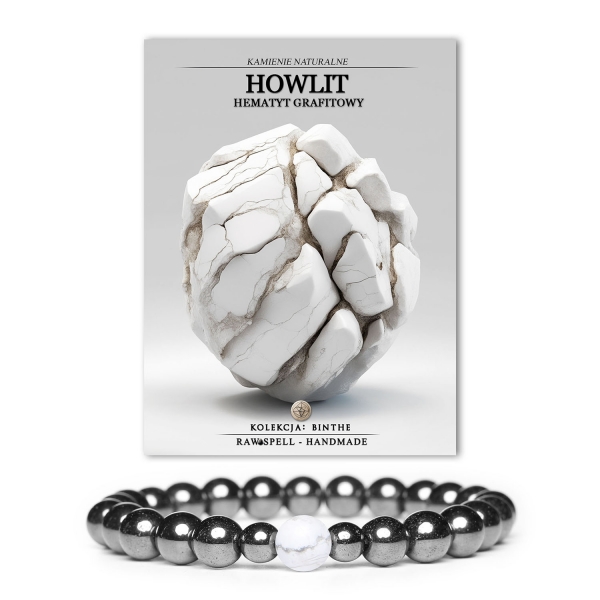 Bransoletka z kolekcji Binthe: elegancka damska i męska biżuteria z naturalnym howlit i grafitowym hematytem.