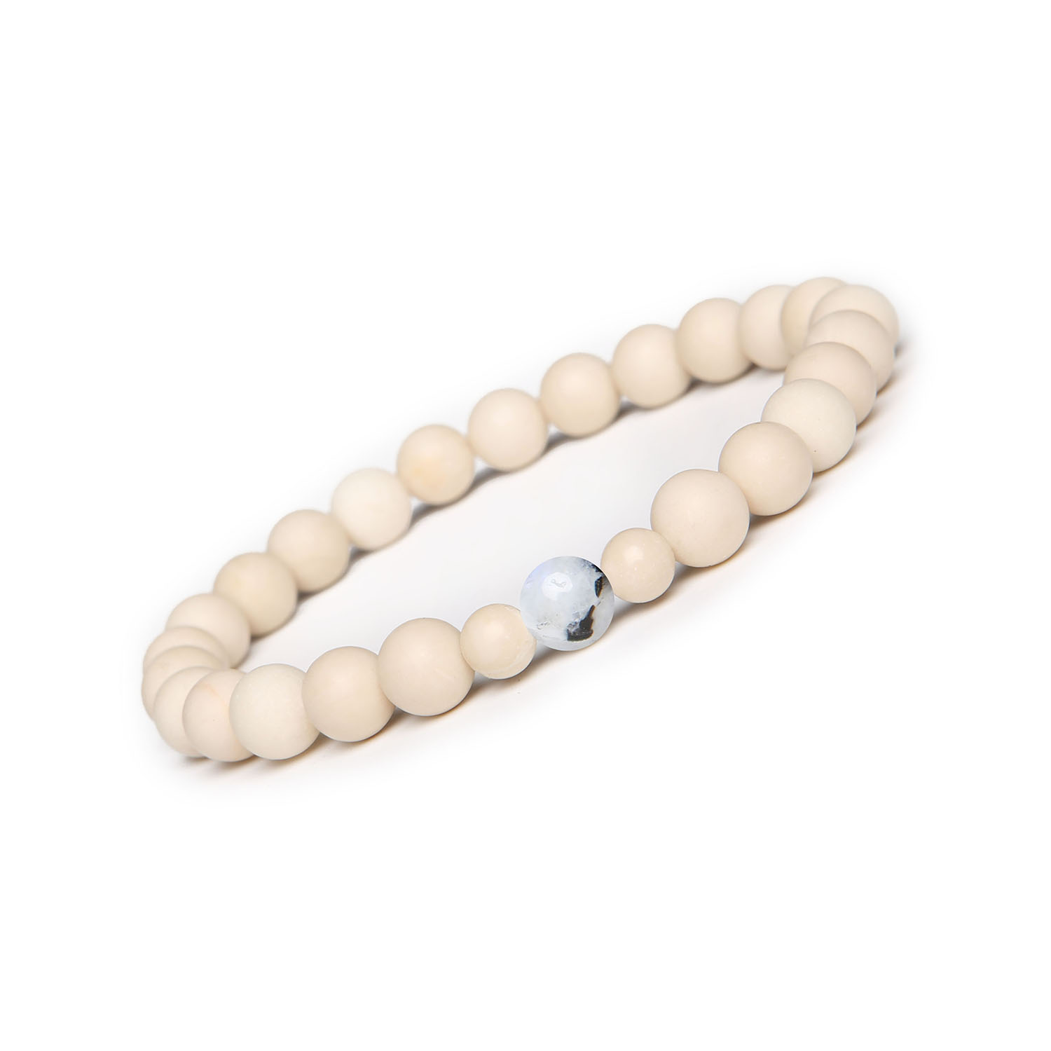 Stylowa bransoletka Binthe z kamieniami Księżycowy Łaciaty i Rzeczny - dla kobiet i mężczyzn Bransoletka Binthe z naturalnych kamieni, w tym Kamień Księżycowy Łaciaty i Kamień Rzeczny, idealna dla każdego, niezależnie od płci.