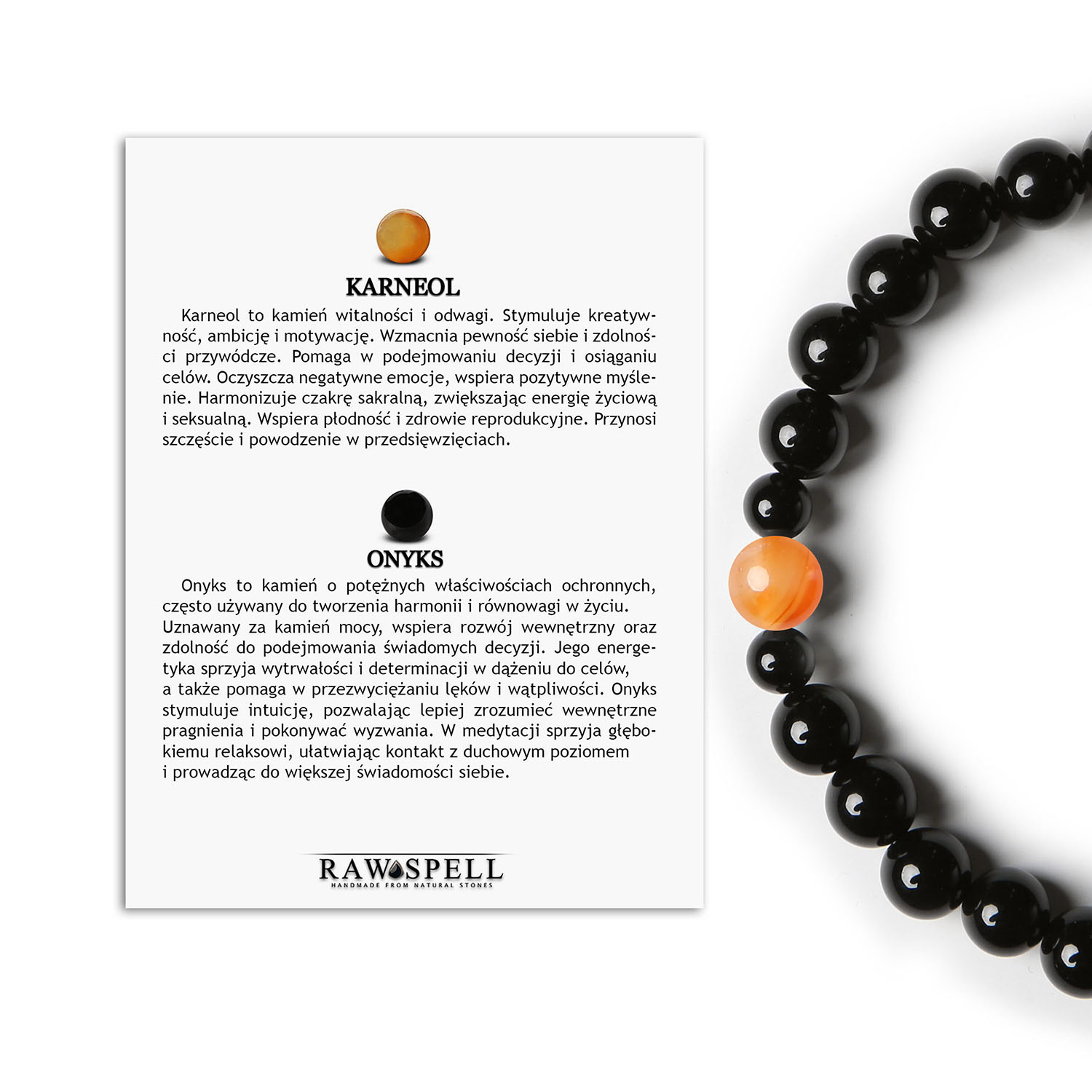 Stylowa bransoletka Binthe z karneolem i onyksami - dostępna w wersji damskiej i męskiej! Stylowa bransoletka z kolekcji Binthe, wykonana z karneolu i onyksu, idealna zarówno dla kobiet, jak i dla mężczyzn.