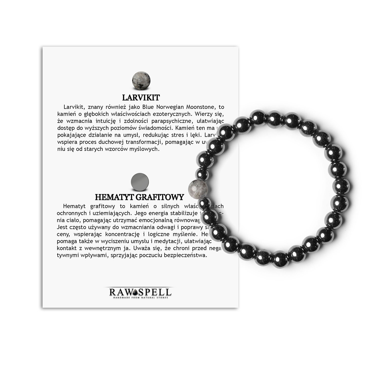 Stylowa bransoletka Binthe z larvikitu i hematytu grafitowego Damska i męska, z naturalnych kamieni. Bransoletka z kolekcji Binthe wykonana z naturalnych kamieni, w tym larvikitu i hematytu grafitowego, idealna dla kobiet i mężczyzn.