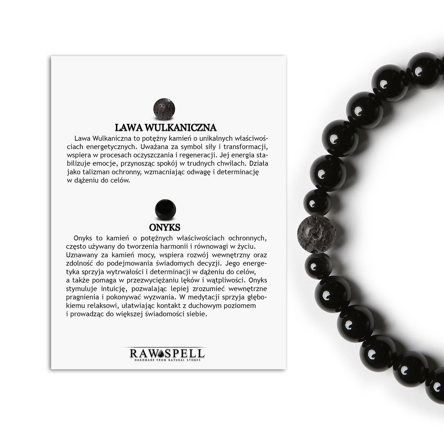 Stylowa bransoletka Binthe z lawą wulkaniczną i onyksami. Unikalny wybór dla każdej płci. Damska i męska bransoletka Binthe wykonana z lawy wulkanicznej i onyksu.