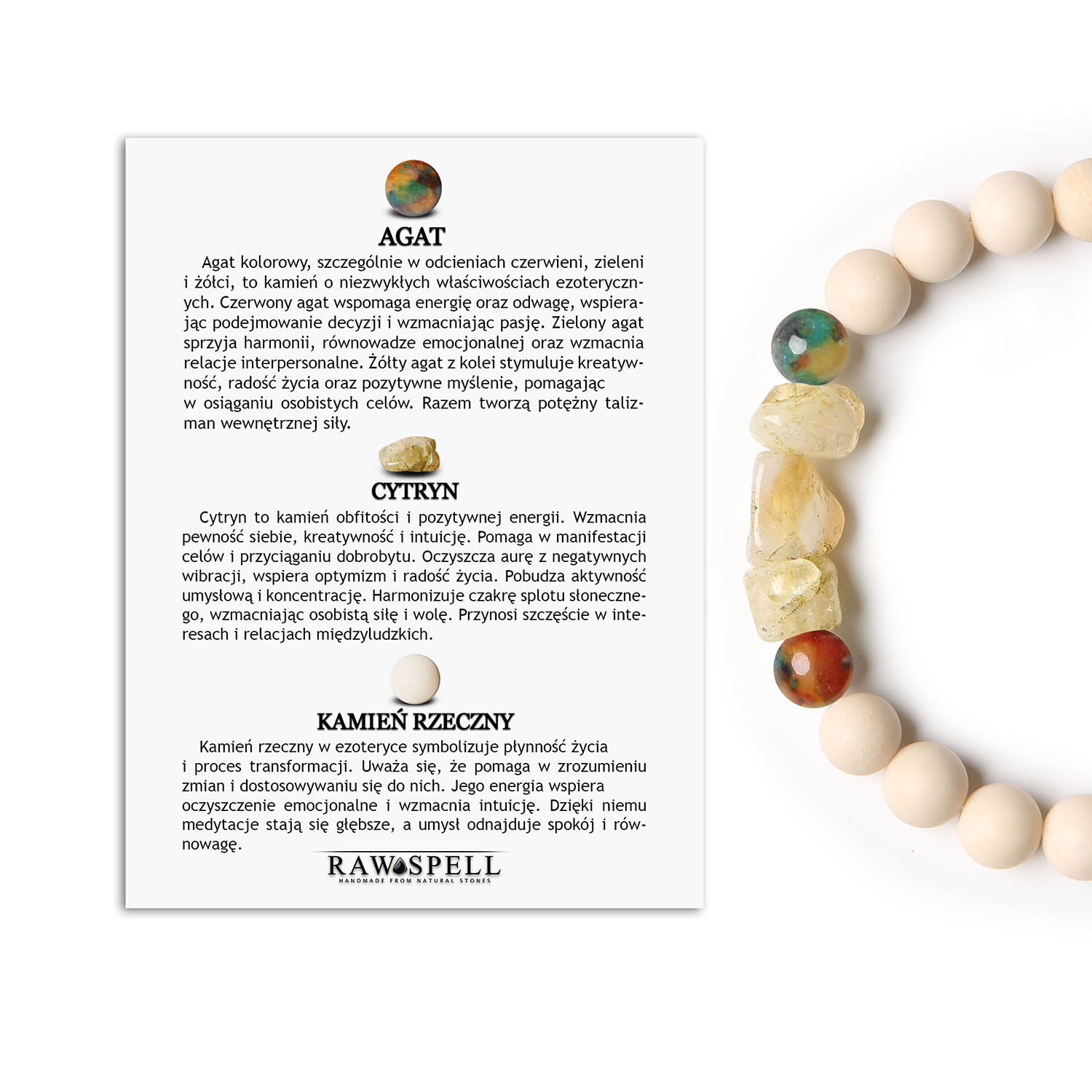 Stylowa bransoletka Cymiri z Agatu, Cytrynu i Kamienia Rzecznego. Dla Mężczyzn i Kobiet, którzy cenią naturę Bransoletka Cymiri z naturalnych kamieni: agat, cytryn i kamień rzeczny - idealna dla Mężczyzn i Kobiet.