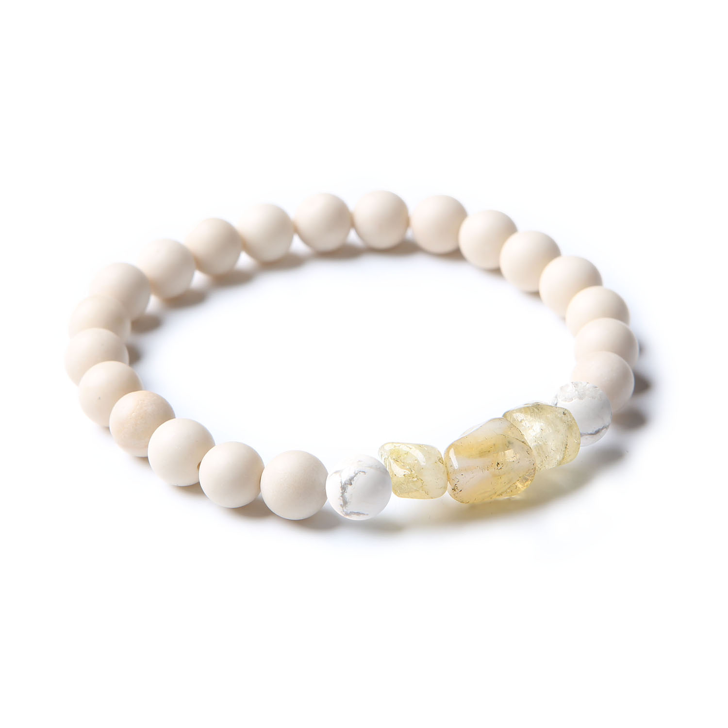 Bransoletka z kolekcji Cymiri z naturalnych kamieni: Howlit, Cytryn i Kamień Rzeczny, idealna dla mężczyzn i kobiet.