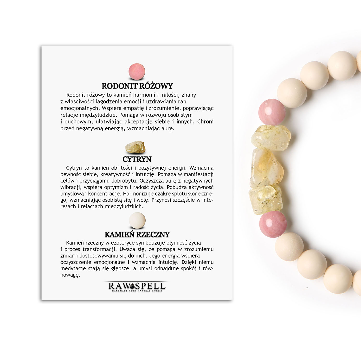 Stylowa bransoletka Cymiri z Rodonitem różowym, Cytrynem i Kamieniem rzecznym – wyjątkowy dodatek dla każdego Bransoletka Cymiri z różowego rodonitu, cytrynu i kamienia rzecznego – elegancki dodatek dla każdego.