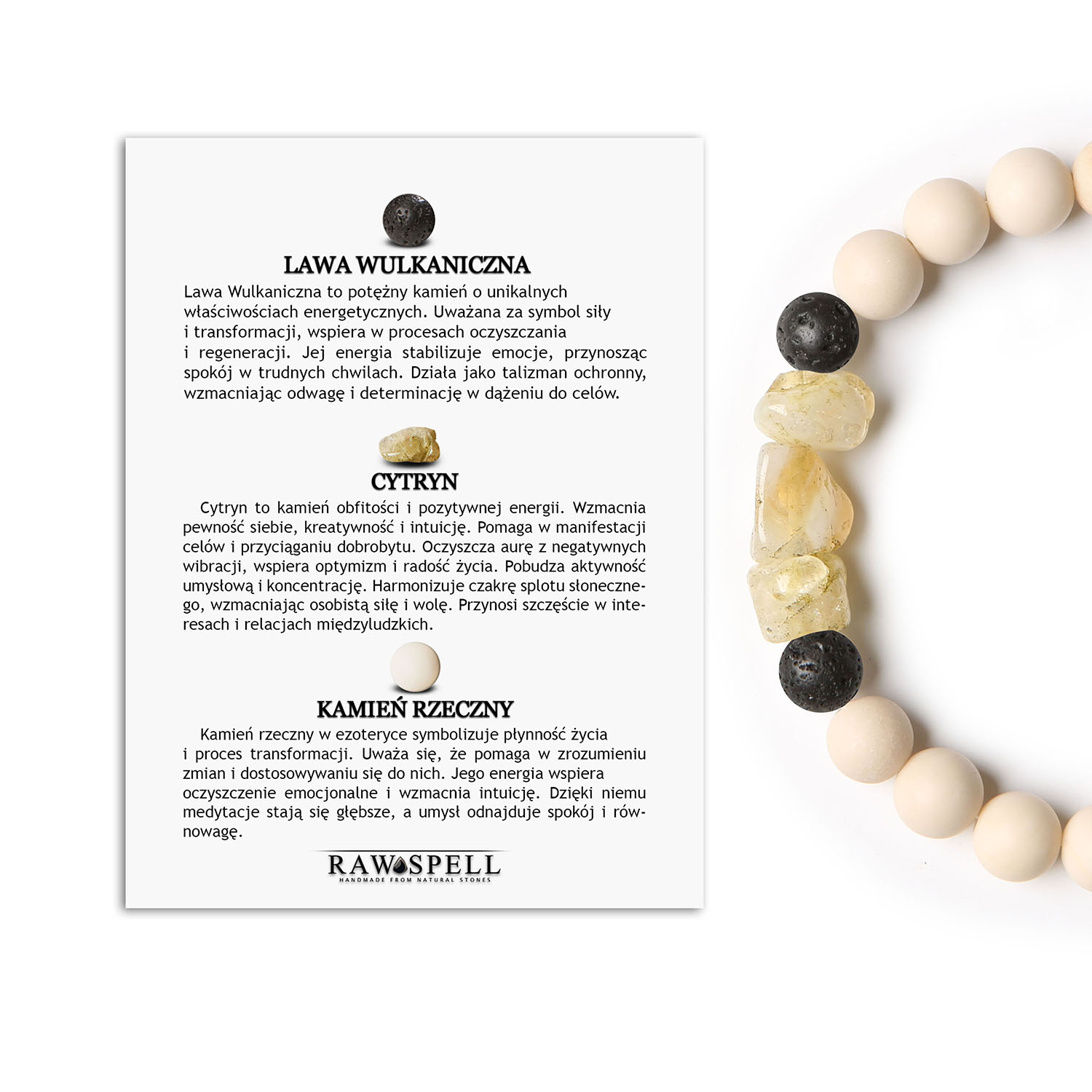 Stylowa bransoletka Cymiri z kamieni naturalnych lawa wulkaniczna, cytryn i kamień rzeczny. Dla Mężczyzn i Kobiet Bransoletka Cymiri z naturalnych kamieni dla Mężczyzn i Kobiet, zawierająca Lawa Wulkaniczna, Cytryn i Kamień Rzeczny.