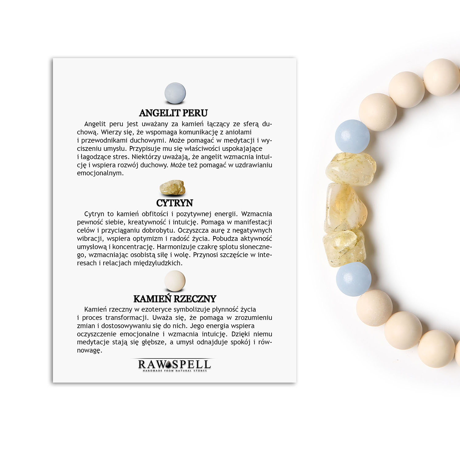 Stylowa bransoletka Cymiri z naturalnych kamieni Angelit Peru, Cytryn i Kamień Rzeczny. Dla Mężczyzn i Kobiet Bransoletka z kolekcji Cymiri z naturalnych kamieni, zawierająca angelit z Peru, cytryn i kamień rzeczny, idealna dla mężczyzn i kobiet.