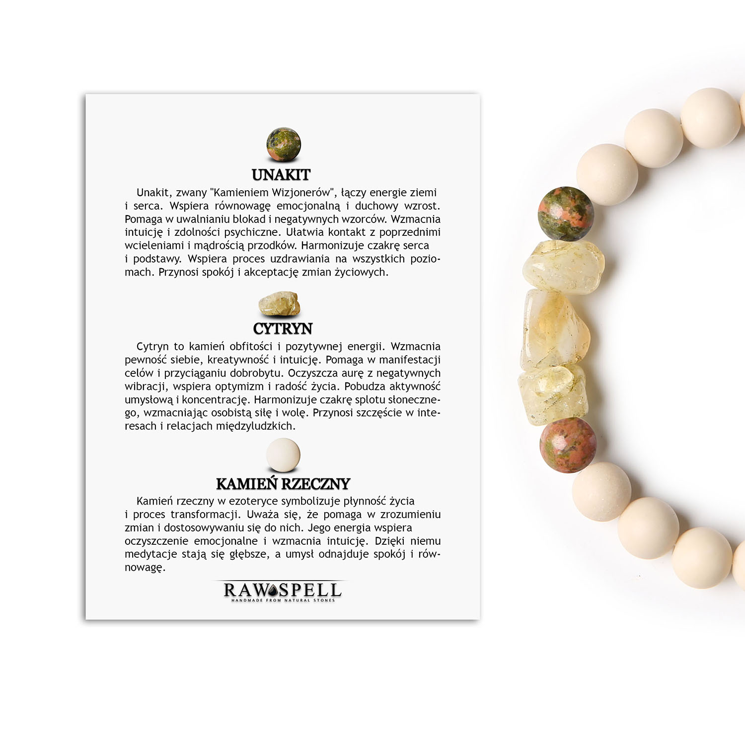 Stylowa bransoletka Cymiri z naturalnych kamieni unakit, cytryn, kamień rzeczny. Dla Mężczyzn i Kobiet, którzy cenią wyjątkowość Bransoletka unisex z kolekcji Cymiri wykonana z naturalnych kamieni: unakit, cytryn i kamień rzeczny.