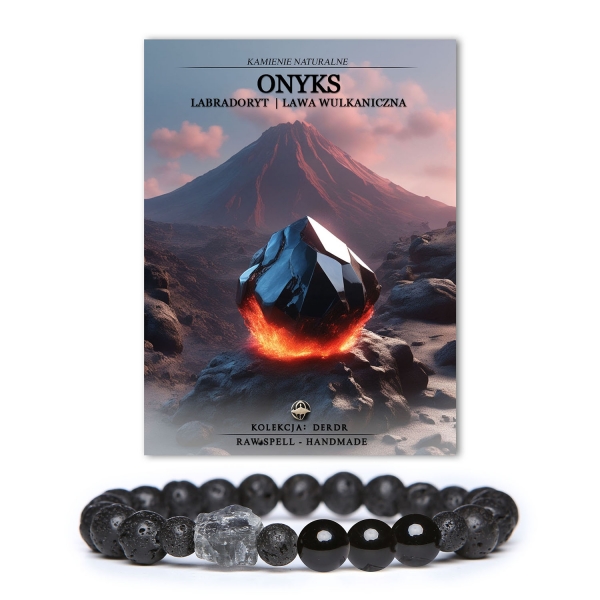 Bransoletka z kolekcji Derdr - elegancka kompozycja onyksu, labradorytu i lawy wulkanicznej, idealna dla kobiet i mężczyzn.