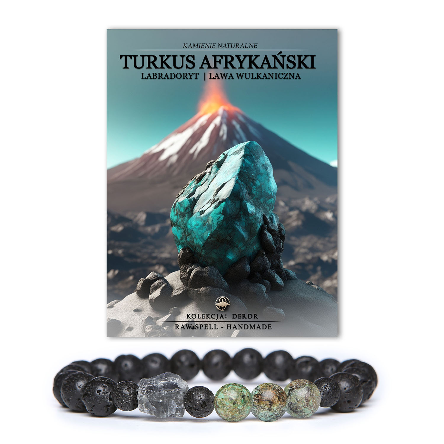 Bransoletka z kolekcji Derdr wykonana z turkusu afrykańskiego, labradorytu i lawy wulkanicznej, idealna dla kobiet i mężczyzn, ozdobiona naturalnymi kamieniami.
