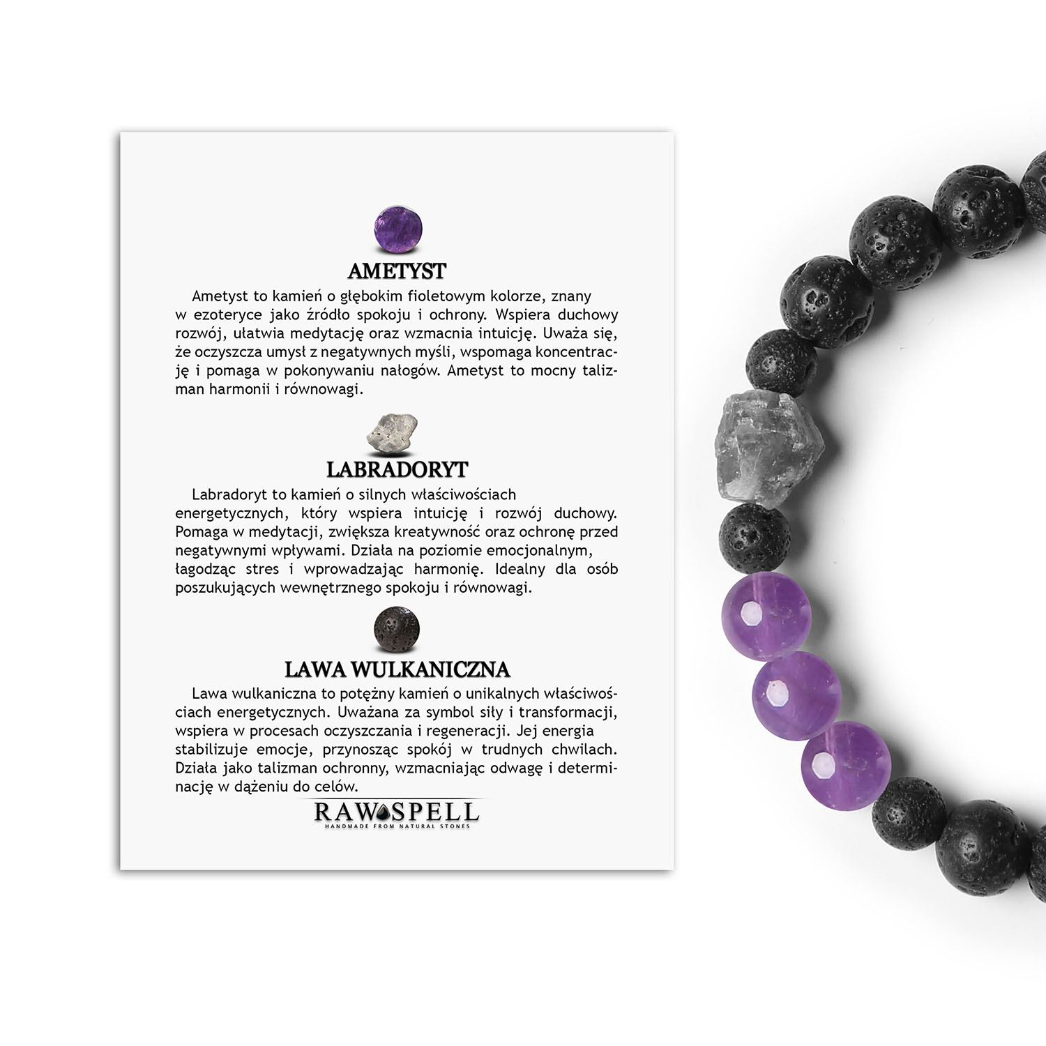 Stylowa bransoletka Derdr z Ametystem, Labradorytem i Lawą Wulkaniczną. Naturalne kamienie dla eleganckiego wyglądu Stylowa bransoletka Derdr z ametystu, labradorytu i lawy wulkanicznej, doskonały wybór dla osób ceniących biżuterię z kamieni naturalnych.