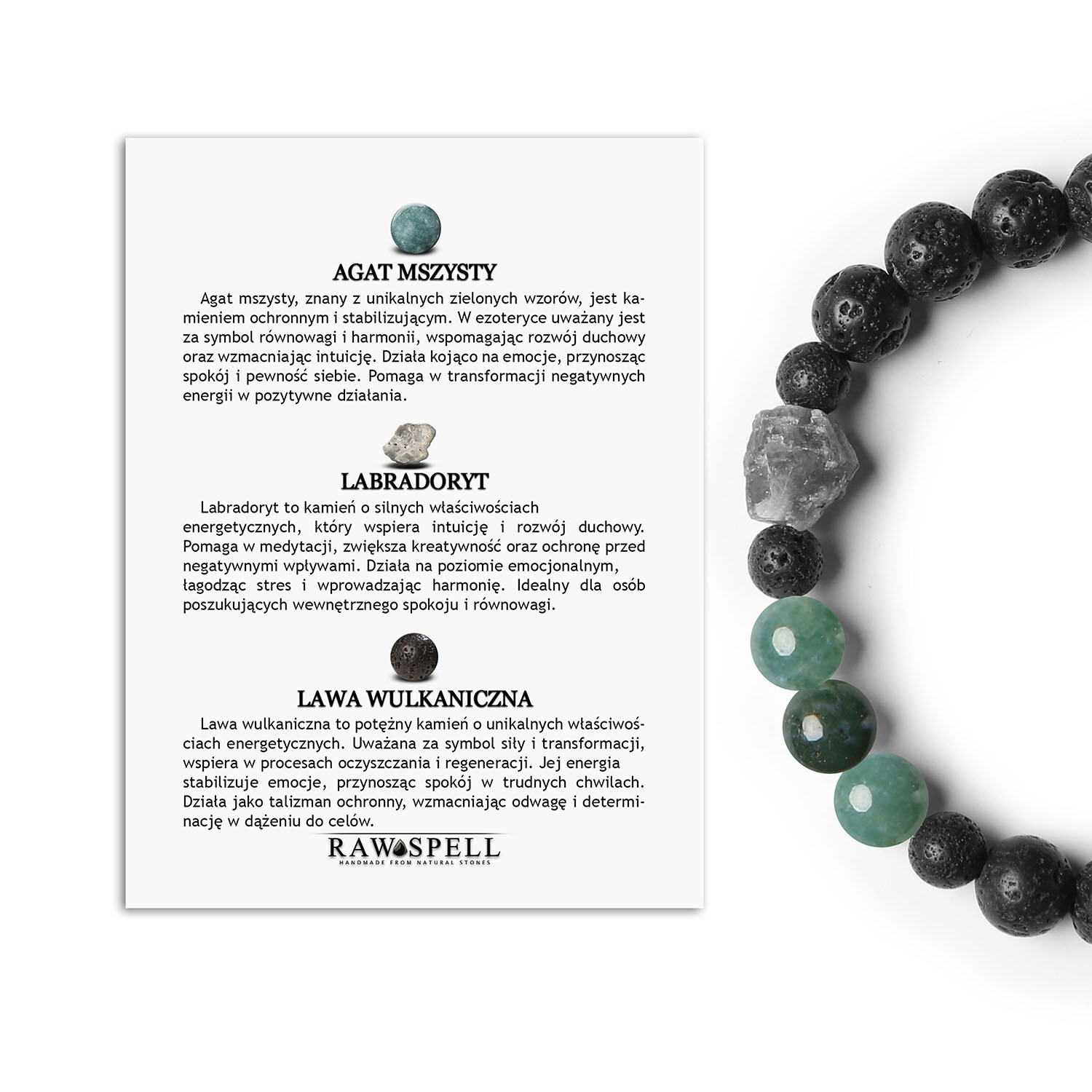 Stylowa bransoletka Derdr z agatem, labradorytem i lawą wulkaniczną. Naturalne piękno dla damskich i męskich stylizacji Bransoletka Derdr ze skarbami natury: agat mszysty, labradoryt i lawa wulkaniczna – doskonały dodatek dla pań i panów.