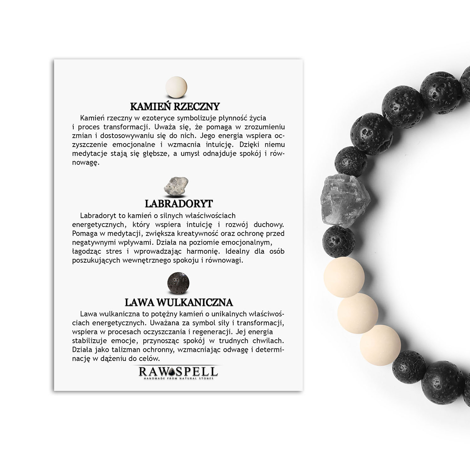 Stylowa bransoletka Derdr z kamieniami naturalnymi labradoryt, lawa wulkaniczna i kamień rzeczny. Doskonały wybór dla kobiet i mężczyzn Bransoletka z kolekcji Derdr wykonana z naturalnych kamieni: Rzeczny, Labradoryt i Lawa Wulkaniczna, unisex dla kobiet i mężczyzn."