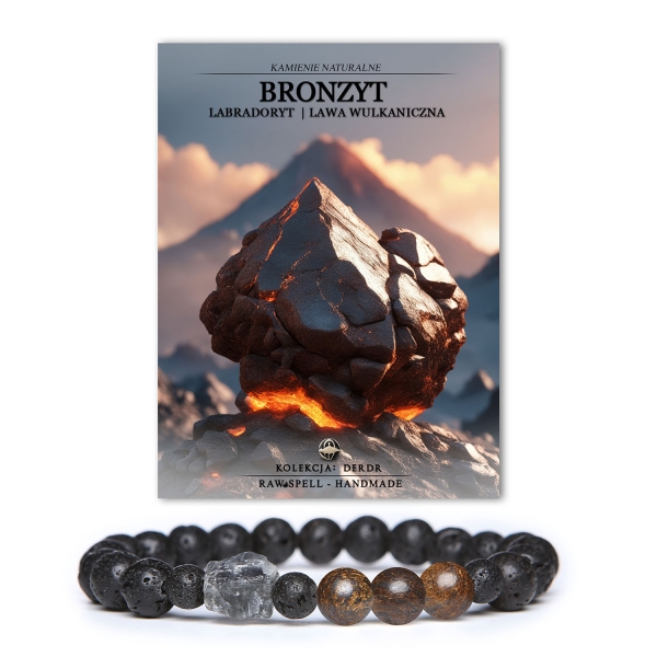 Bransoletka z kolekcji Derdr wykonana z naturalnych kamieni: bronzytu, labradorytu i lawy wulkanicznej, idealna dla kobiet i mężczyzn.