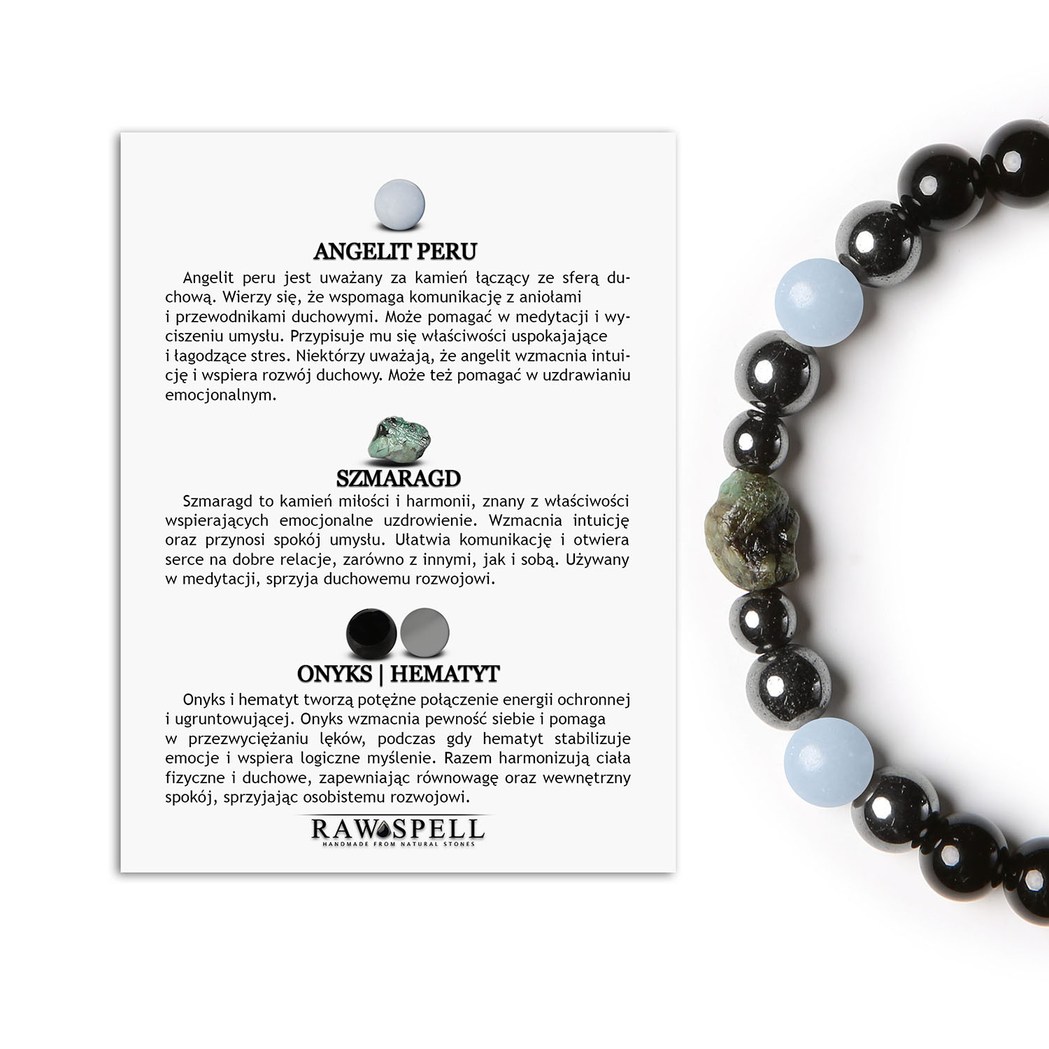 Stylowa bransoletka Elai Angelit, szmaragd, onyks i hematyt - doskonały dodatek dla każdego Bransoletka damska i męska z kolekcji Elai, wykonana z angelitu z Peru, szmaragdu, onyksu i hematytu grafitowego.