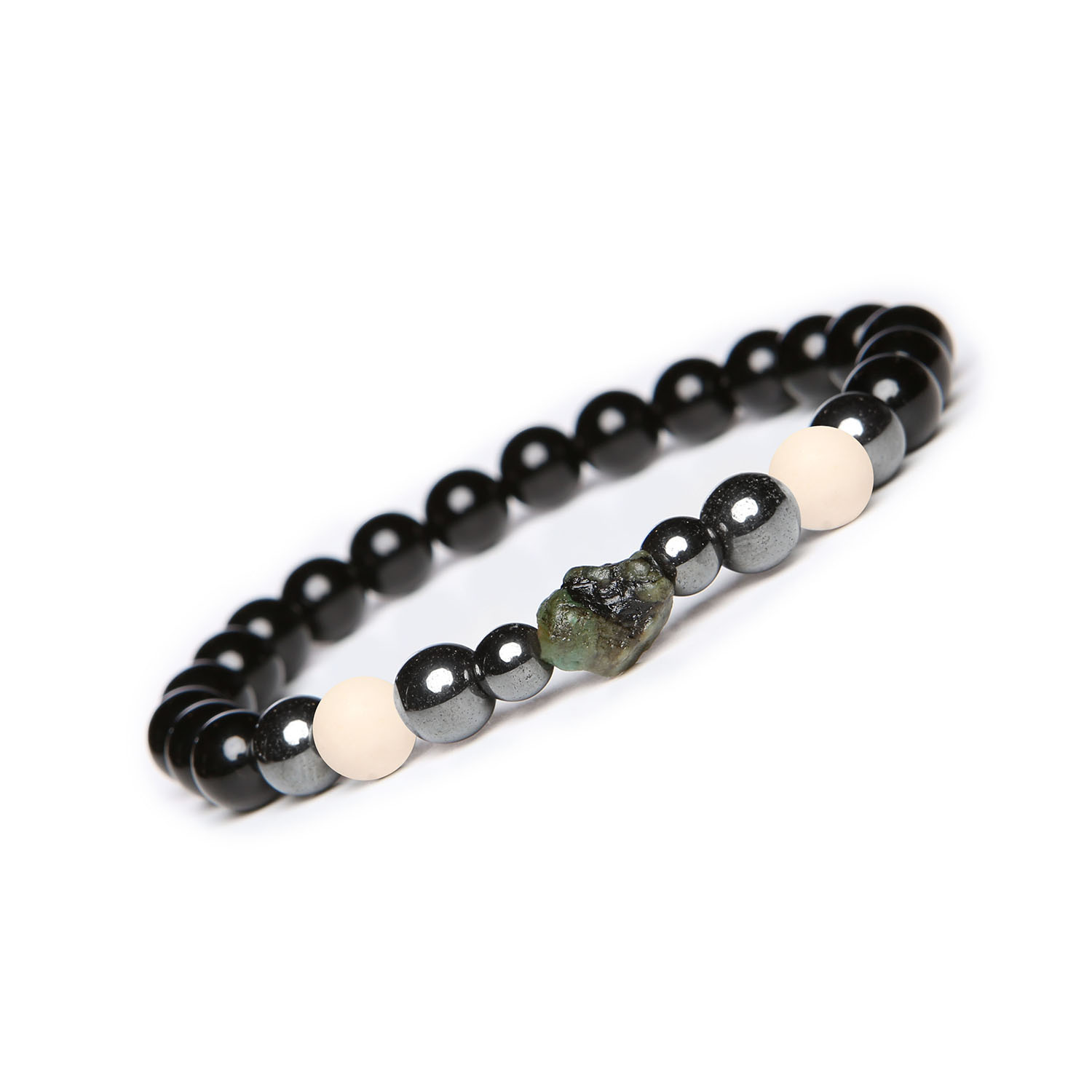 Stylowa bransoletka Elai Rzeczny kamień, szmaragd, onyks, hematyt grafitowy - idealna dla wszystkich Bransoletka Elai z kamieniem rzecznym, szmaragdem, onyksem i hematytem grafitowym - elegancka biżuteria unisex.