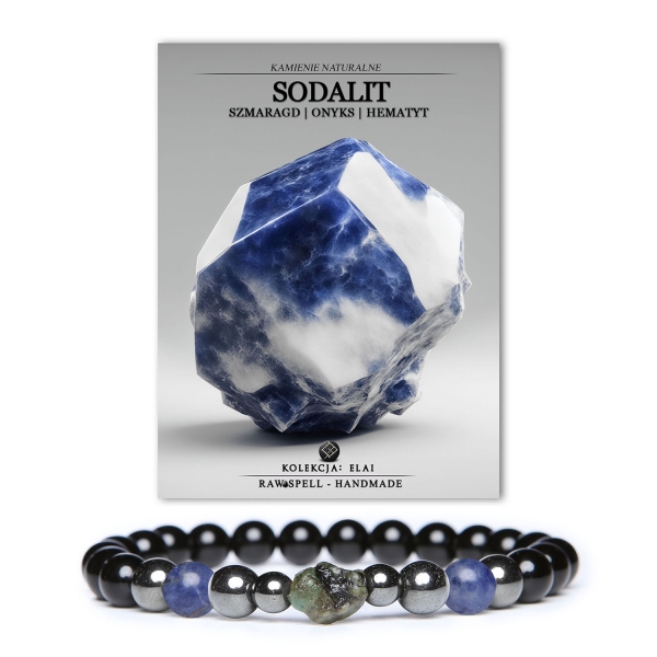 Bransoletka Elai z sodalitem, szmaragdem, onyksami i hematytem grafitowym, dostępna w wersjach damskiej i męskiej.