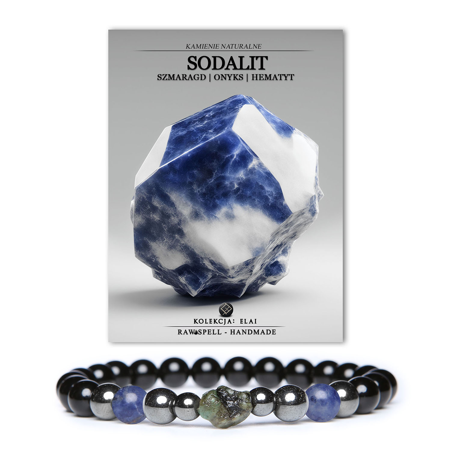 Bransoletka Elai z sodalitem, szmaragdem, onyksami i hematytem grafitowym, dostępna w wersjach damskiej i męskiej.