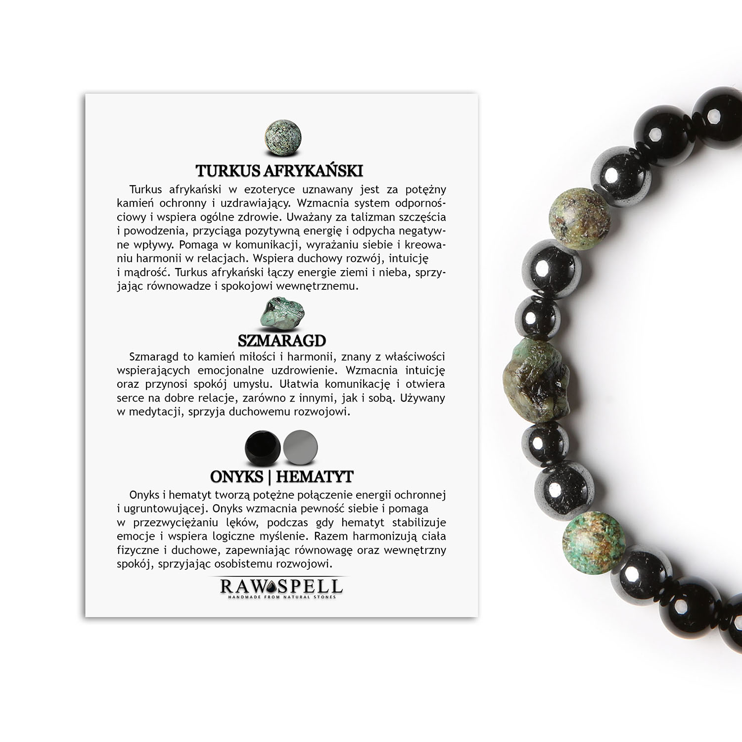 Stylowa bransoletka Elai Turkus Afrykański, Szmaragd, Onyks, Hematyt. Damska i męska elegancja Bransoletka Elai z turkusu afrykańskiego, szmaragdu, onyksu i hematytu grafitowego, dostępna w wersji damskiej i męskiej.