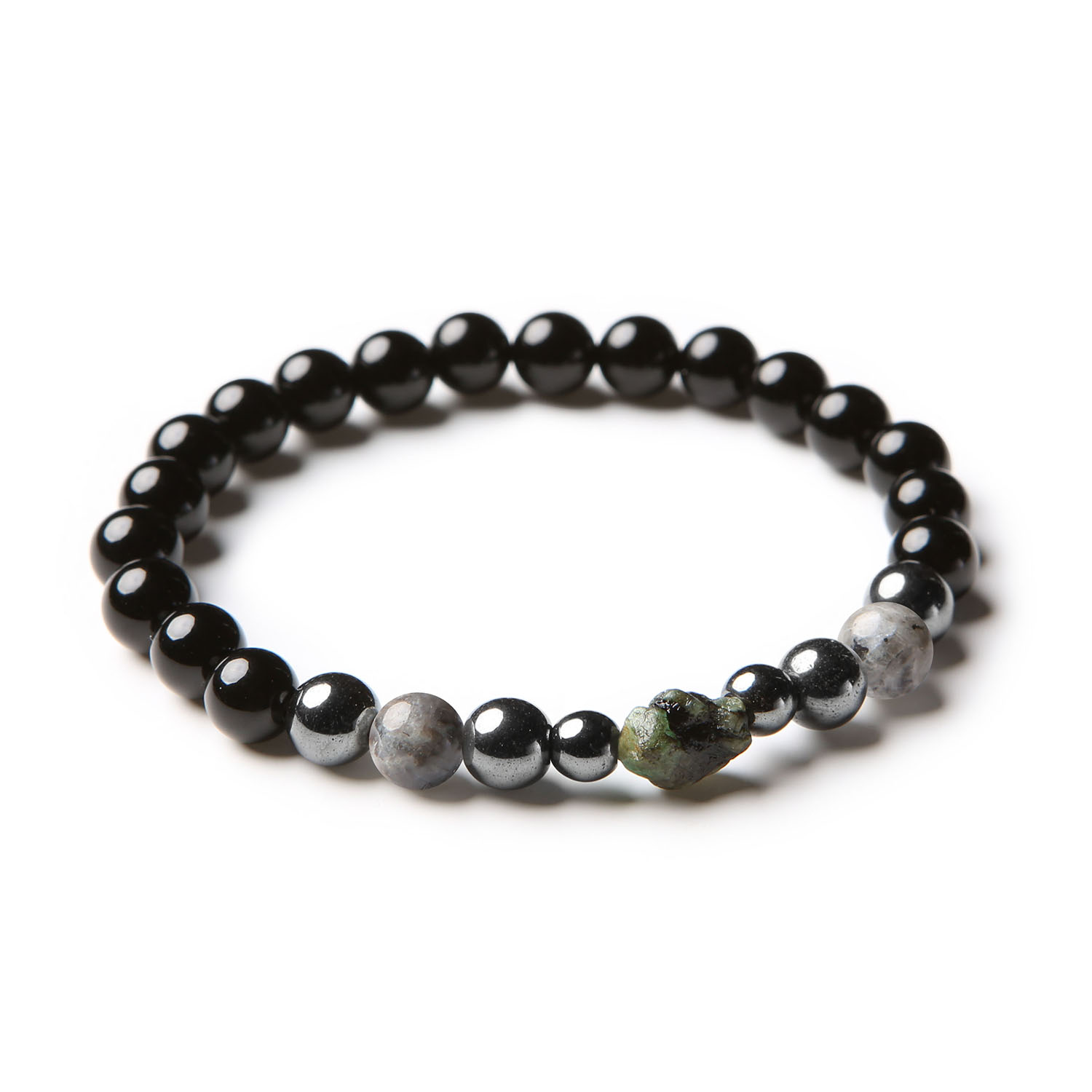 Bransoletka Elai z larvikitu, szmaragdu, onyksu i hematytu grafitowego - elegancki dodatek dla kobiet i mężczyzn.