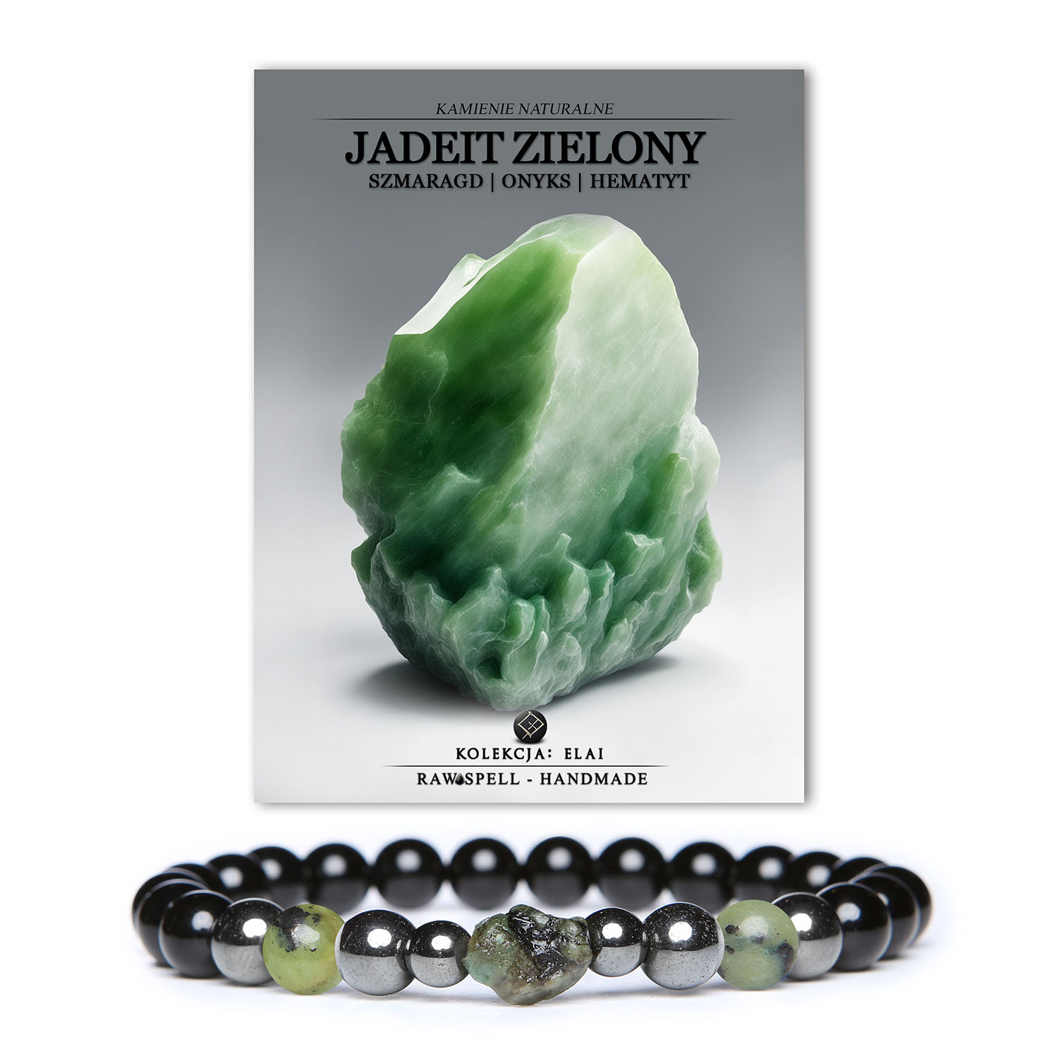 Bransoletka Elai z zielonym jadeitem, szmaragdem, onyksami i hematytem grafitowym, idealna dla kobiet i mężczyzn.