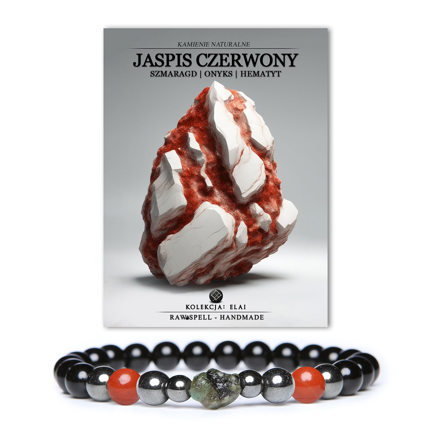 Stylowa bransoletka z kolekcji Elai: Jaspis Czerwony, Szmaragd, Onyks oraz Hematyt Grafitowy, idealna dla kobiet i mężczyzn.