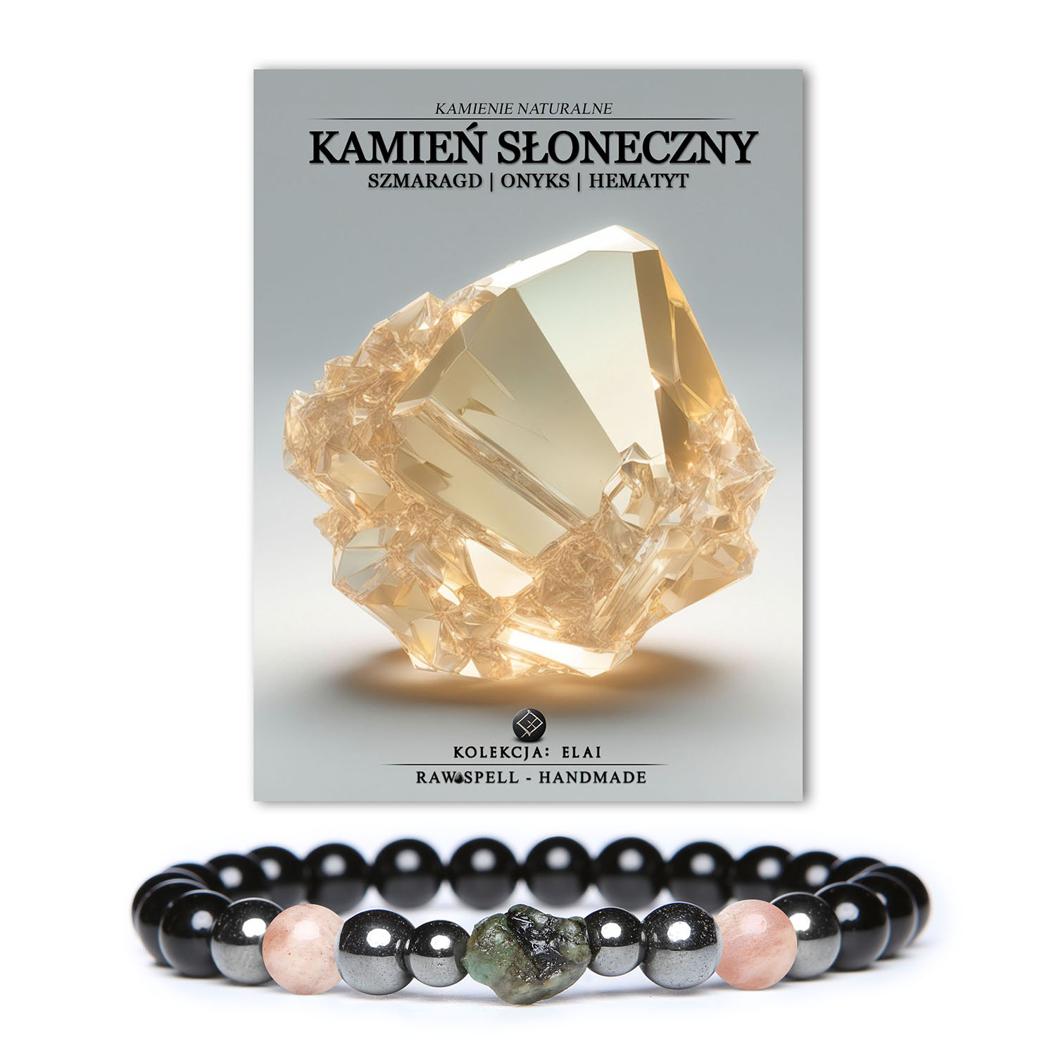 Bransoletka z kolekcji Elai z kamieniem słonecznym, szmaragdem, onyksem i hematytem grafitowym, dostępna w wersji damskiej i męskiej.