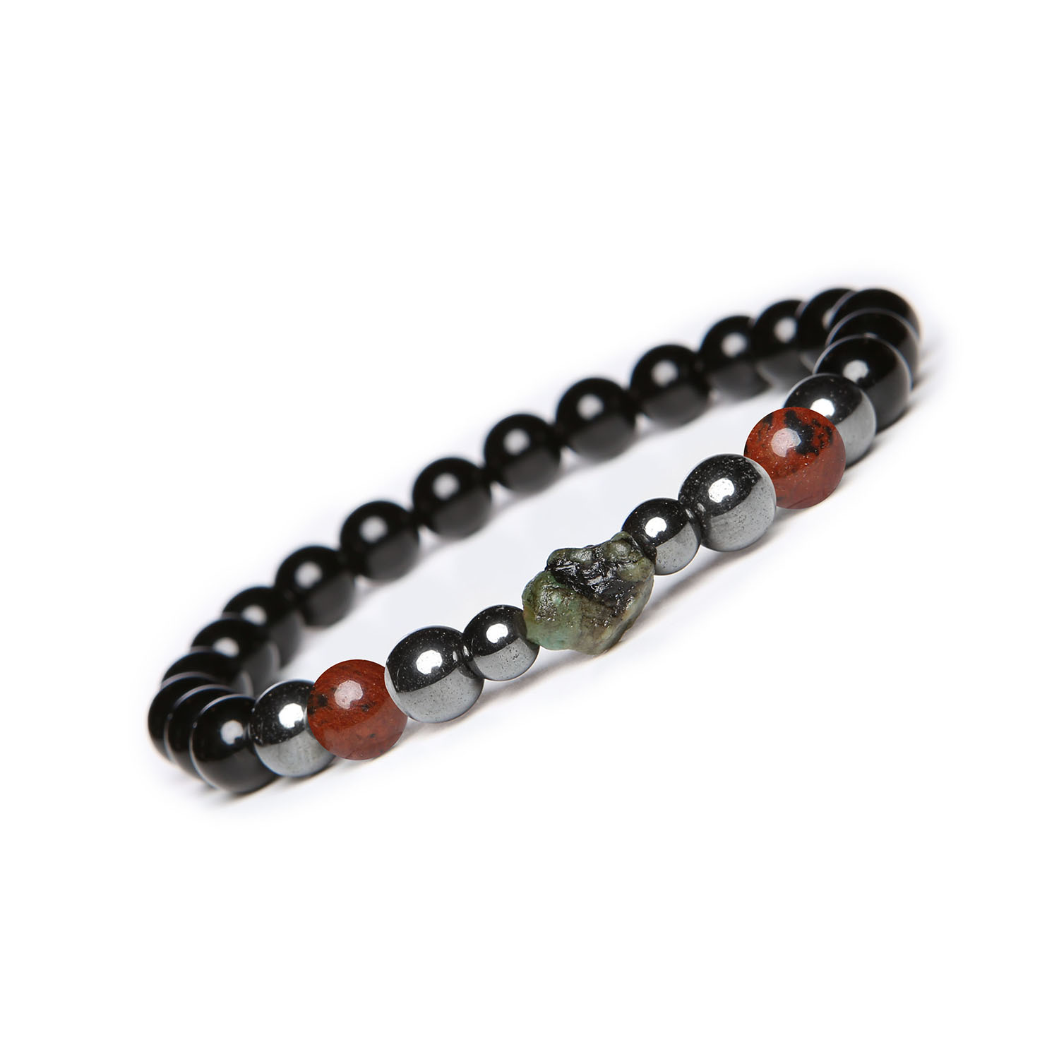 Stylowa bransoletka Elai z Obsydianem Brązowym, Szmaragdem, Onyks oraz Hematytem - uniwersalna dla niej i dla niego Stylowa bransoletka z kolekcji Elai, wykonana z obsydianu brązowego, szmaragdu, onyksu i hematytu grafitowego - unisex.