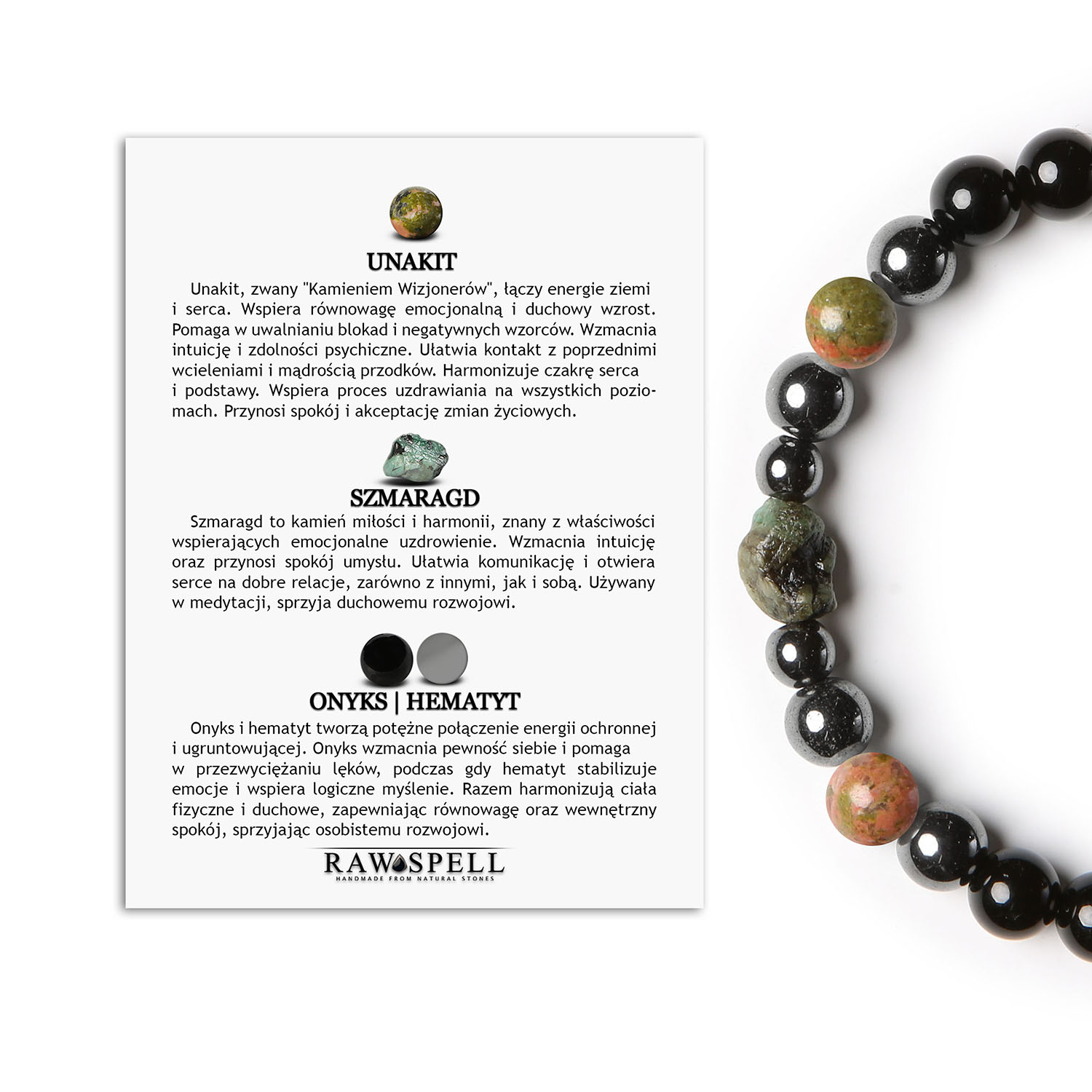 Stylowa bransoletka Elai z Unakitem, Szmaragdem, Onyks i Hematytem Grafitowym dla kobiet i mężczyzn Bransoletka z kolekcji Elai wykonana z unakitu, szmaragdu, onyksu i grafitowego hematytu – elegancka biżuteria dla kobiet i mężczyzn.