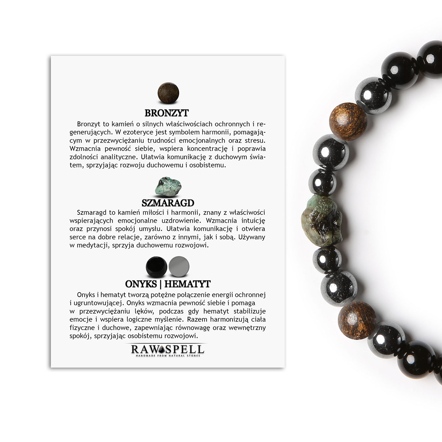 Stylowa bransoletka Elai z bronzytu, szmaragdu, onyksu i hematytu grafitowego. Idealna dla każdego Bransoletka Elai wykonana z bronzytu, szmaragdu, onyksu i hematytu grafitowego, dostępna w wersji damskiej i męskiej.