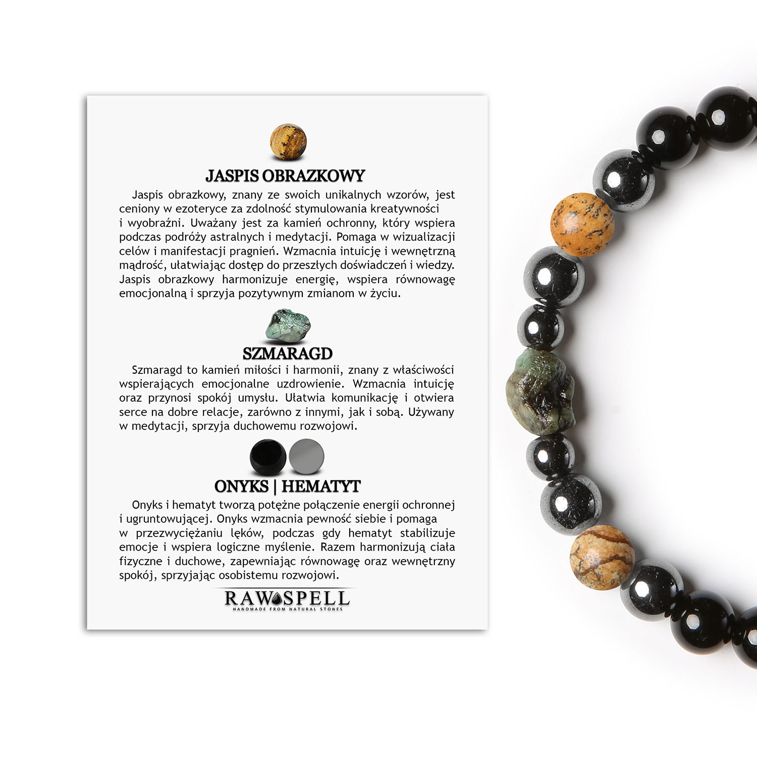 Stylowa bransoletka Elai z jaspisem, szmaragdem i onyksami. Idealna dla kobiet i mężczyzn Bransoletka Elai z jaspisem obrazkowym, szmaragdem, onyksami i hematytem grafitowym - elegancka biżuteria damska i męska.