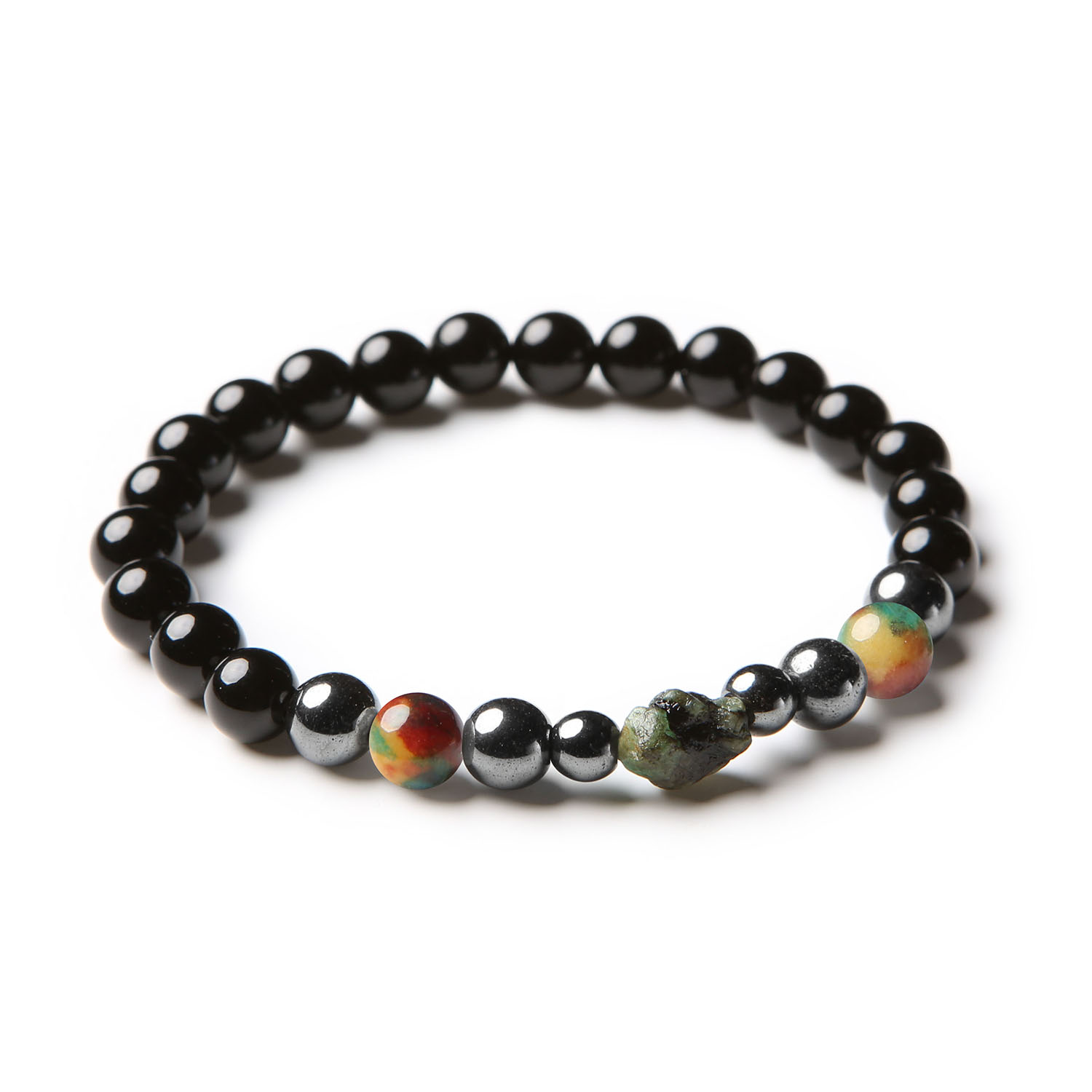 Bransoletka Elai z agatami, szmaragdami, onyksami i grafitowym hematytem - elegancki dodatek damski i męski.